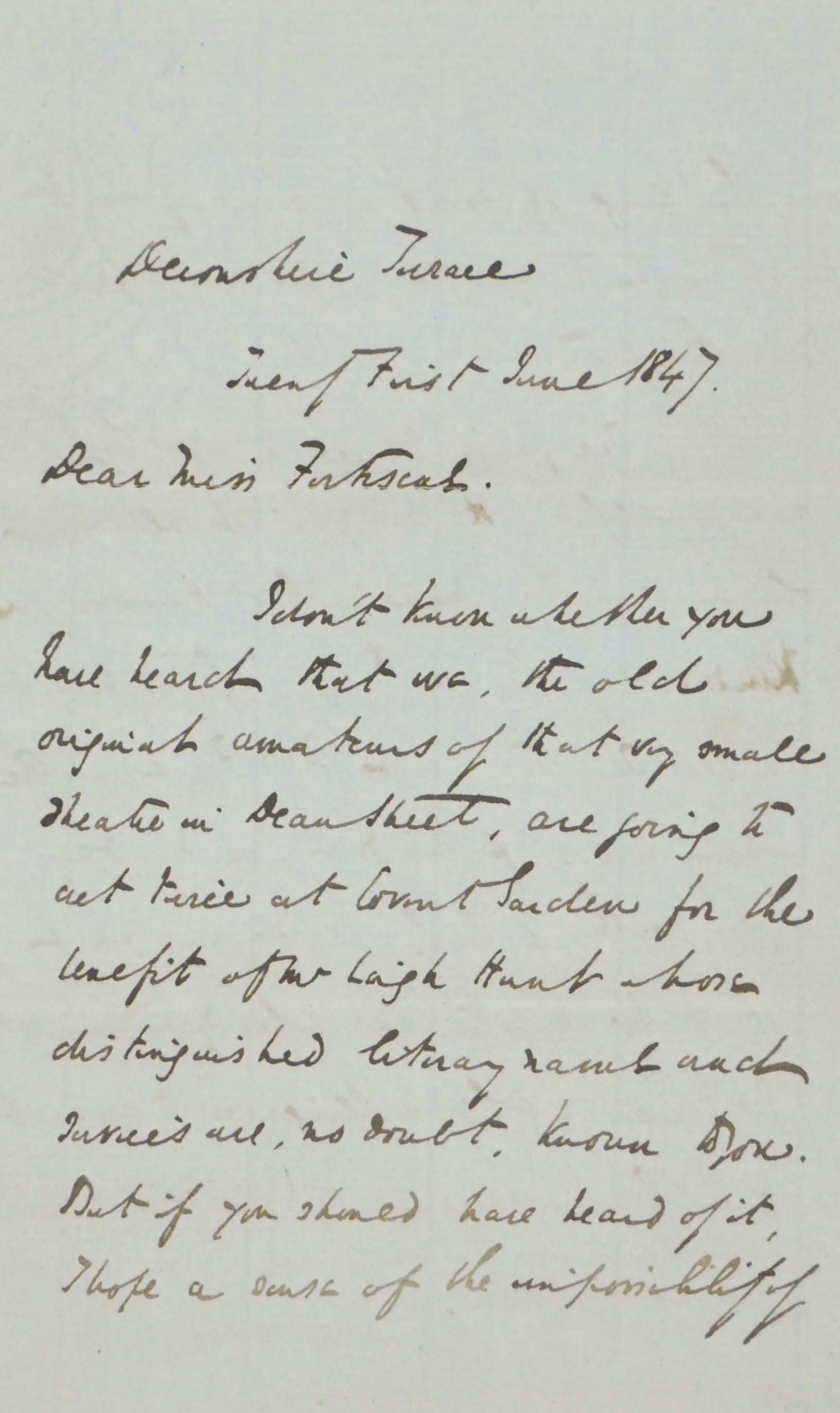 DICKENS, Charles. Autograph letter signed to Miss Fortescue, 21 June 1847, 3½ pages, 8vo; envelope with red wax seal, addressed to 'Miss Fortescue  Theatre Royal Haymarket' (very slight browning along folds and on final verso).