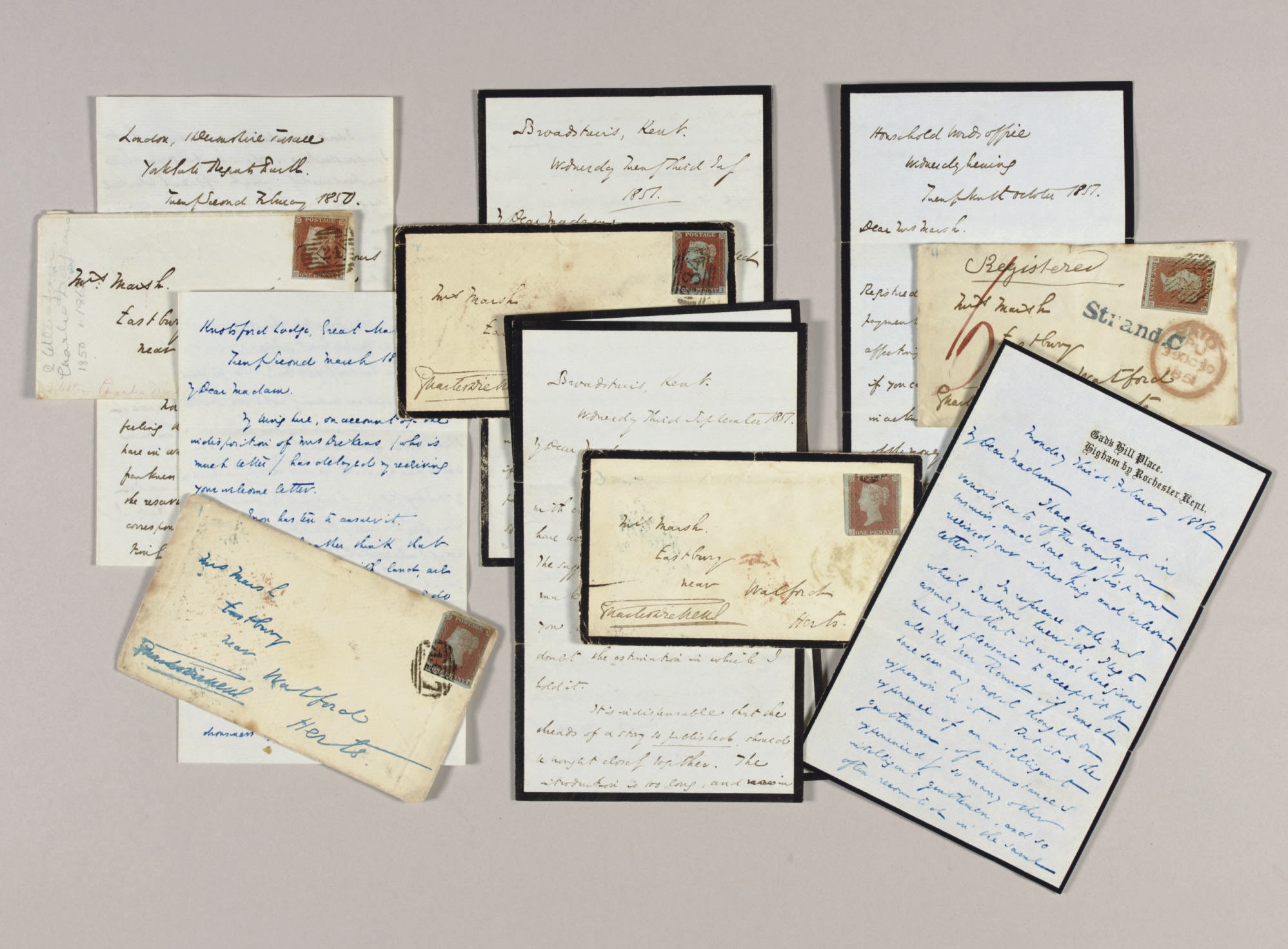 DICKENS, Charles. Six autograph letters signed to Anne Marsh, Devonshire Terrace, Knotsford Lodge, Broadstairs, the Household Words Office, Gad's Hill Place, 22 February 1850-3 February 1862, together 20 pages, 8vo; five autograph envelopes, four signed 'Charles Dickens', with one penny stamps, postmarked (one letter with creases discreetly repaired, one envelope with signature smudged). Red cloth slipcases, red morocco box. Provenance: Kenyon Starling -- William E. Self (his bookplate inside box).