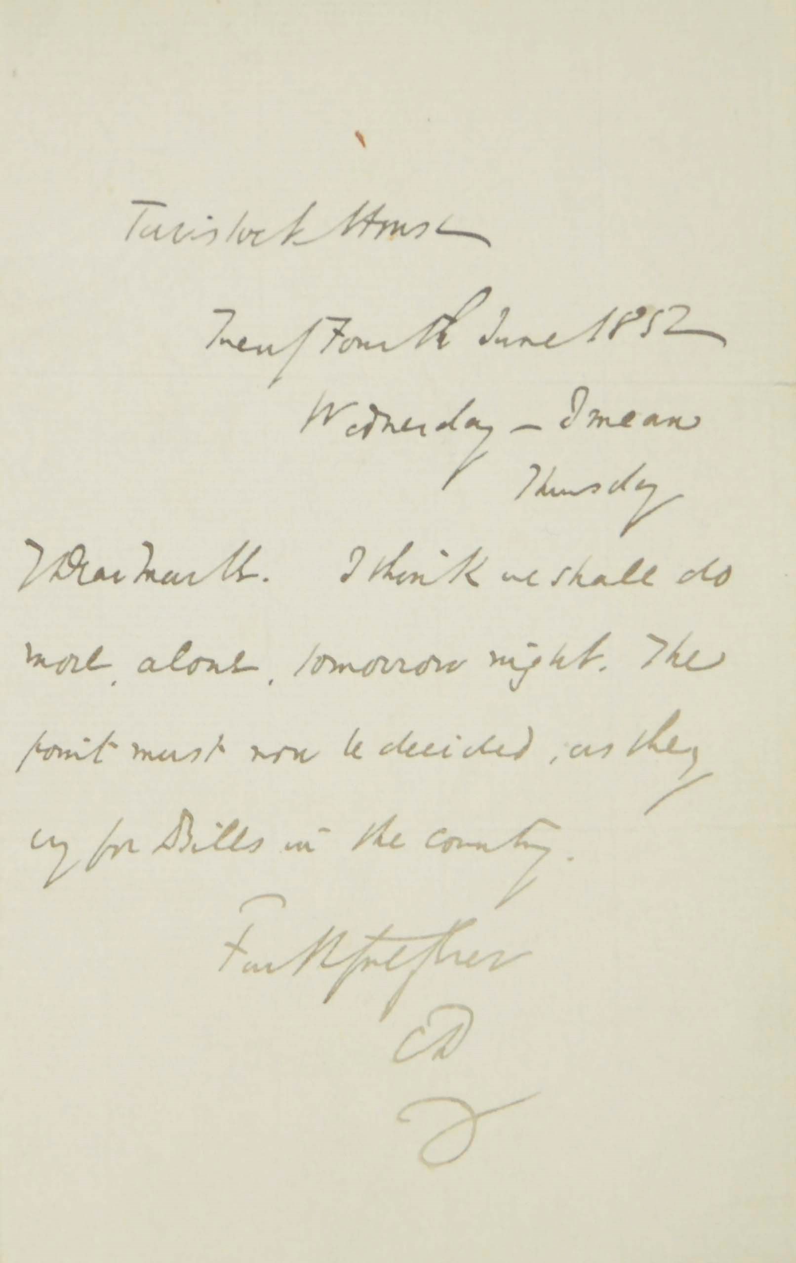 DICKENS, Charles. Autograph letter signed ('CD') to Mark [Lemon] ('My dear Mark'), Tavistock House, 'Wednesday - I mean Thursday', 24 June 1852, one page, on a bifolium, 8vo.