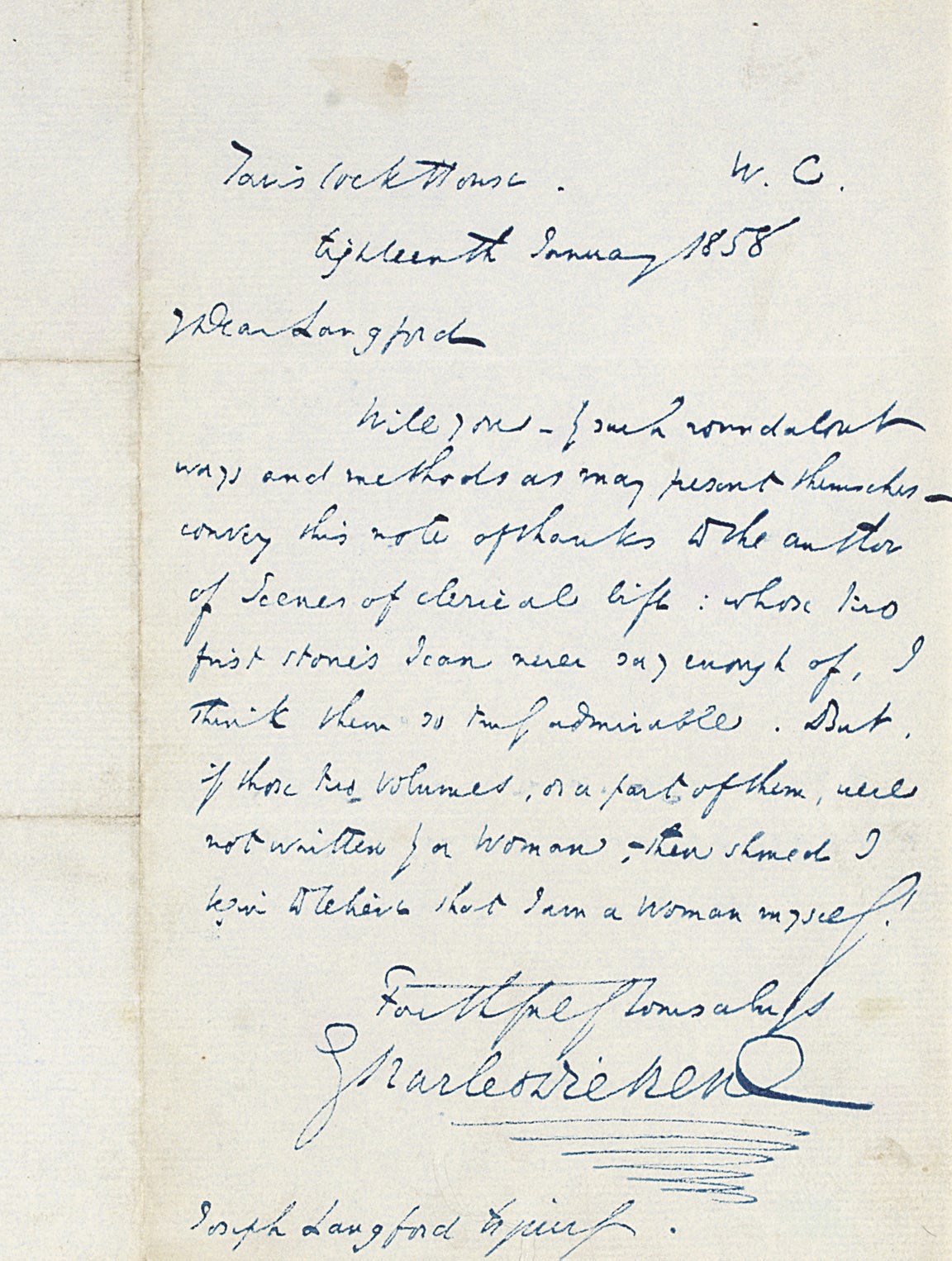 DICKENS, Charles. Autograph letter signed to Joseph Langford, Tavistock House, 18 January 1858, one page, on a bifolium, 8vo (very slightly browned at vertical fold, faint marginal smudge).