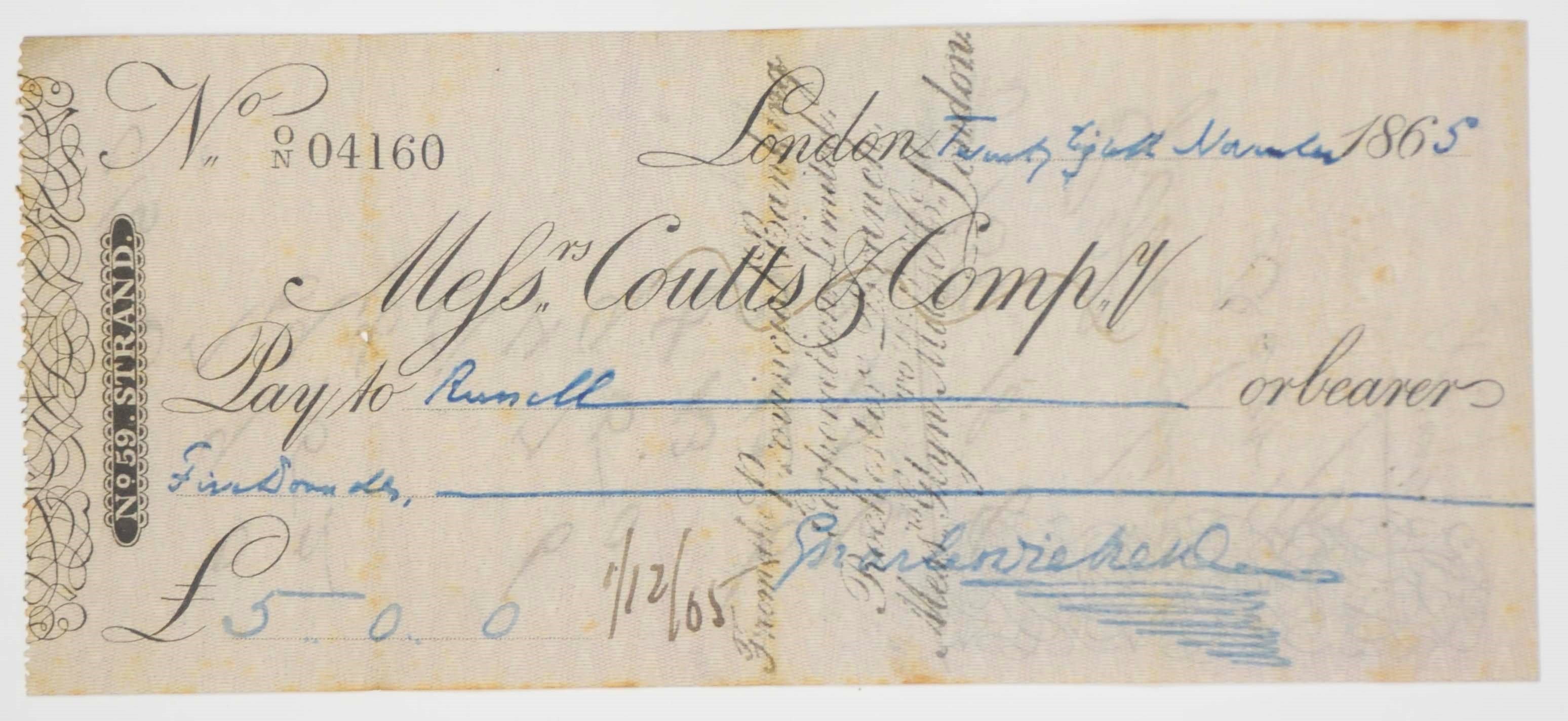 DICKENS, Charles. Autograph 'Messrs Coutts & Compy' cheque signed ('Charles Dickens') to Russell, London, 28 November 1865, for the sum of five pounds (some light yellowing at folds).