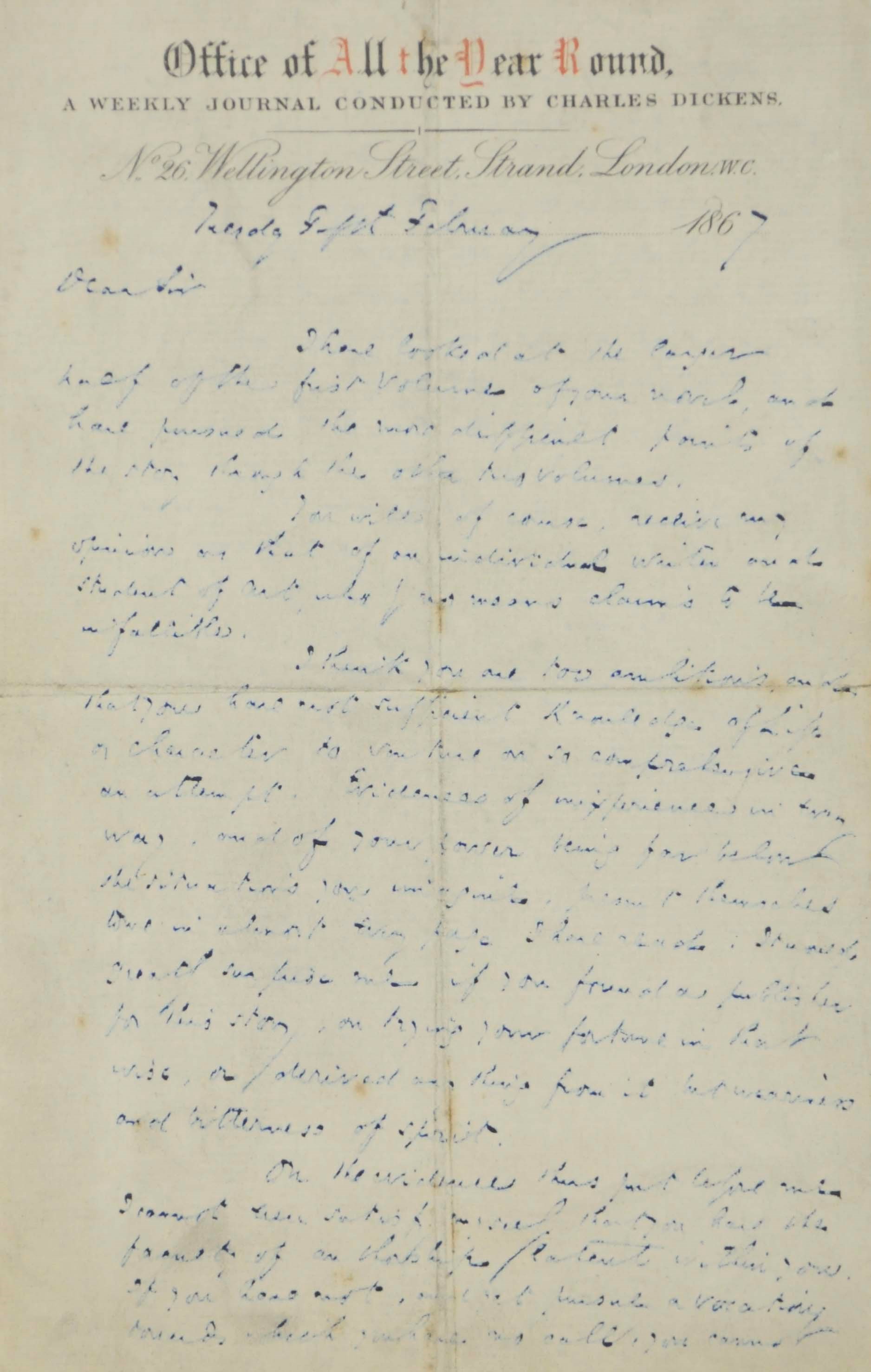 DICKENS, Charles. Autograph letter signed to [William Angus], on 'Office of All the Year Round' headed paper, Tuesday 5 February 1867, 2 pages, 8vo (slight fading of ink, very light surface soiling to first page, creasing and light wear at folds, a few light spots).