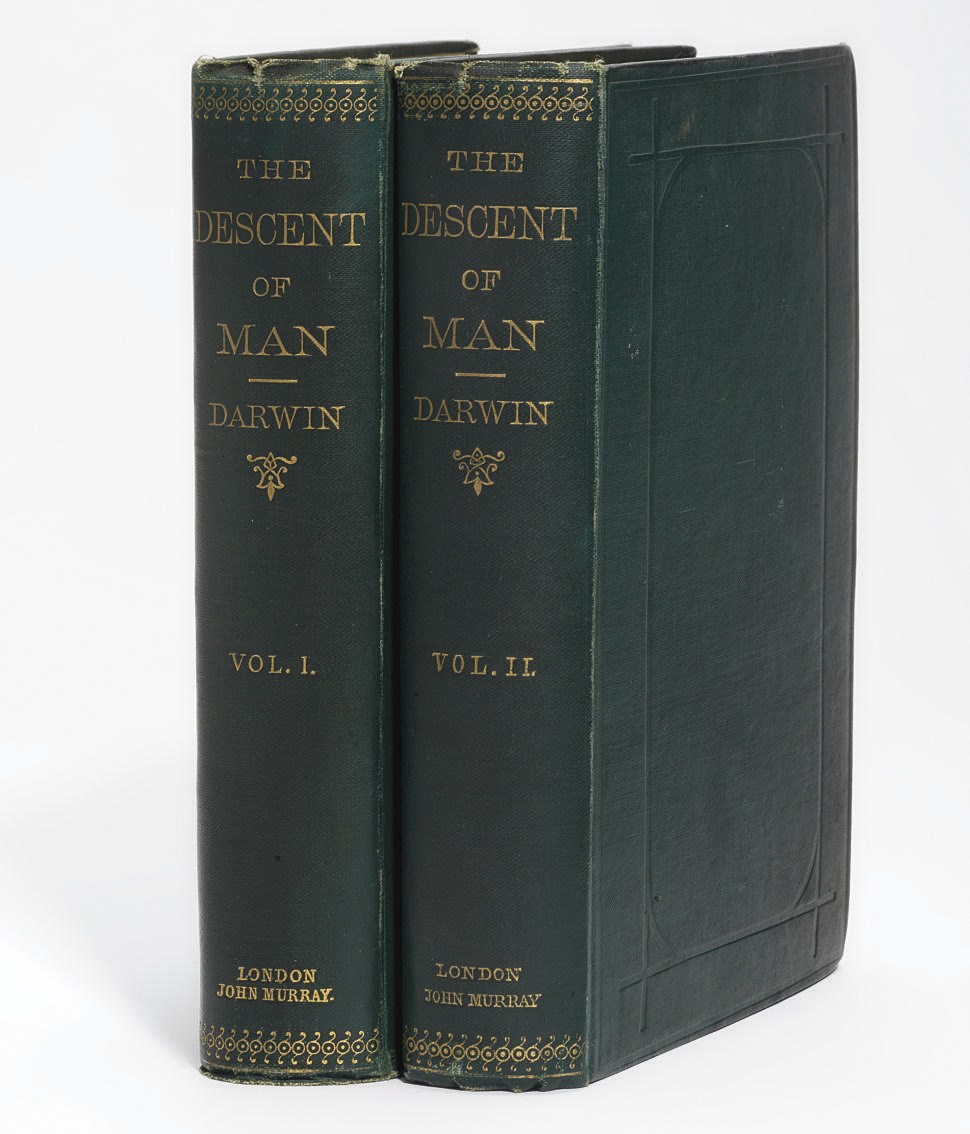 DARWIN, Charles (1809-1882). The Descent of Man, and Selection in Relation to Sex. London: John Murray, 1871. 2 volumes, 8° (188 x 127mm). Numerous illustrations in text. Original green cloth (text block cracked and gathering F starting in vol. I, extremities just a fraction rubbed). Provenance: Nathaniel Lindley (19th-century armorial bookplate).