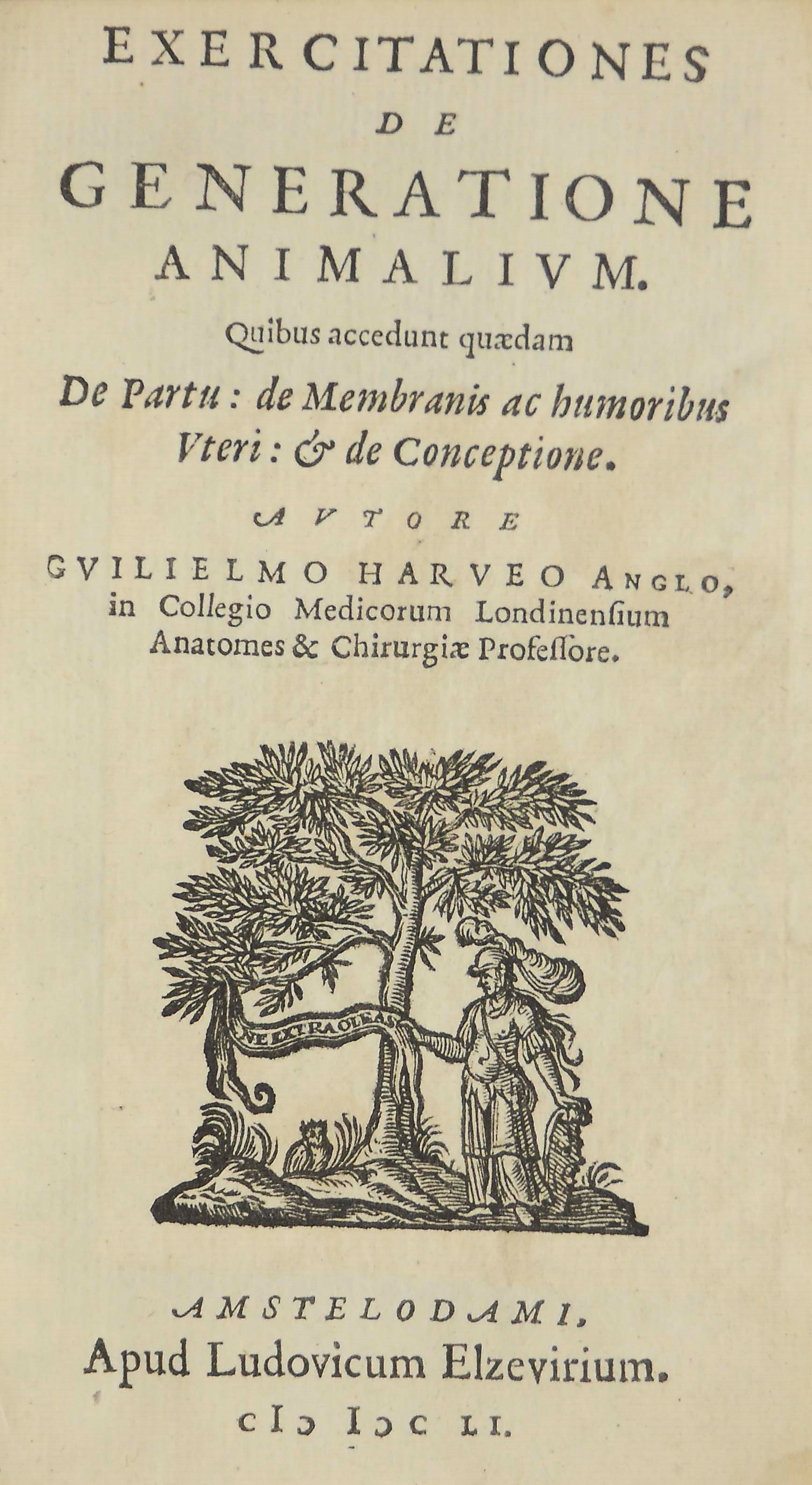HARVEY, William (1578-1657).  Exercitationes de generatione animalum ... de membranis as humoribus uteri: & de conceptione. Amsterdam: Louis Elzevier, 1651. 12° (119 x 68mm). Additional engraved title, printed title with printer's device (lacks final blank, engraved title with small stain in lower corner, upper margin closely shaved, occasionally touching headline). 19th-century vellum gilt, gilt edges (lightly soiled). Provenance: Thomas Vernon (armorial bookplate on verso of printed title) -- J.W. & D. Farrer (armorial bookplate on pastedown).
