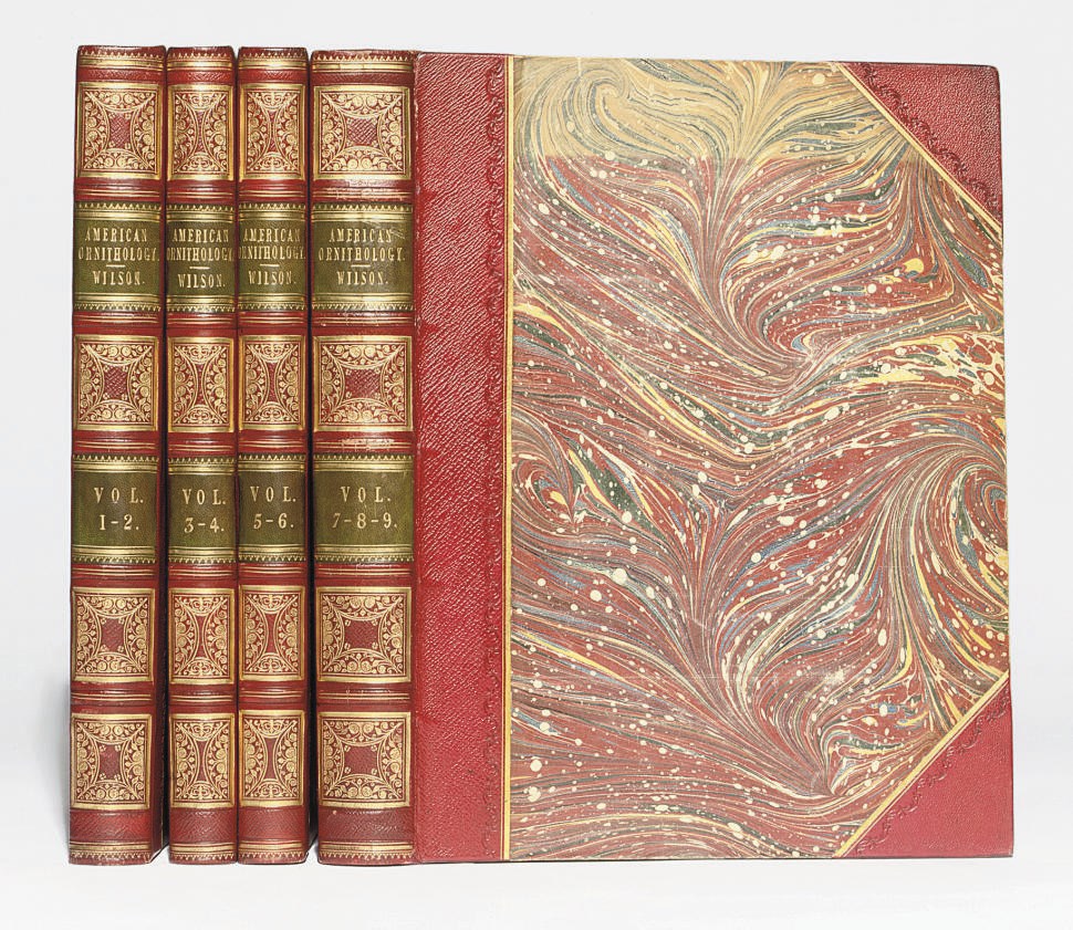 WILSON, Alexander (1766-1813). American Ornithology; or, The Natural History of the Birds of the United States. Edited and completed by George Ord. Philadelphia: Robert Carr (vols. I-II) or Robert & William Carr (vols. III-IX) for Bradford & Inskeep, 1808-1814. 9 volumes, large imperial 4° (340 x 257mm). 76 hand-coloured engraved plates after Wilson by Alexander Lawson, G. Murray, Benjamin Tanner and J.G. Warnicke. 7pp. list of subscribers at end of vol. IX. (Plates browned and foxed throughout, some plates closely shaved affecting plate numbers and captions, 5 plates trimmed into image.) Contemporary red half morocco, spines elaborately gilt with foliate scrolls and other tools (extremities a little rubbed).
