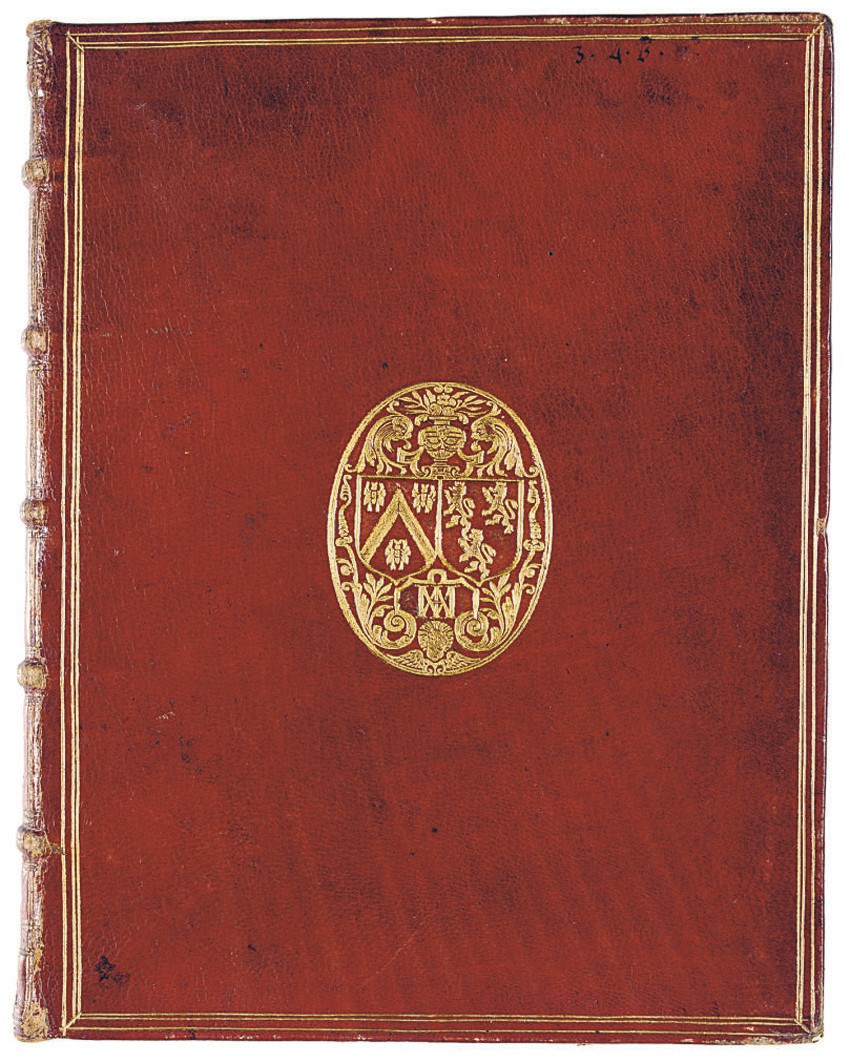 BINDING -- HERACLIDES, of Pontus. De Politiis libellus, ed by N. Krag. [Bound with:] Nicolaus DAMASCENUS. Ex Nicolai Damasceni universali historia [and] N. KRAG. De republica lacedaemoniorum. [Geneva:] Pierre de Saint André, 1593. 3 works in one, 4° (225 x 175mm). Printer's device on each title. Contemporary red morocco gilt arms of Jacques-Auguste de Thou and his first wife [Olivier, 216, fer 5] their cypher in spine compartment, gilt edges (rubbed, corners lightly bumped). Provenance: Jacques-Auguste de Thou (1553-1617) and his first wife, Marie Barbanon -- [Charles de Rohan, Prince de Soubise (1715-1787; shelfmark 3.C.P.T.4.B.6 on pastedown and indistinct on front cover]-- [De Libris (sale Sotheby's 20 Feb. 1849)] -- Teodoro Becu (bookplate) -- Arthur Kay (bookplate) -- Giorgio Di Veroli (bookplate)-- Thore Virgin, 1956 (inscription) -- [Rolf Wistrand].