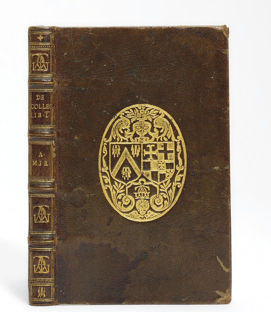 BINDING -- LE MIRE, Aubert (1573-1640). De Canonicorum collegiis per Germaniam, Belgium, Galliam, Hispaniam, Italiam aliasque orbis christiani provincias liber singularis. Cologne: for B. Gualtherus, 1615. 8° (153 x 98mm). Woodcut Jesuit arms on title (small ink-burn on title). Contemporary brown morocco, gilt edges, gilt arms in centre of both covers of Jacques-Auguste de Thou and his second wife [Olivier, 216, fer 8] their cypher in spine compartment (lighlty stained and rubbed). Provenance: Jacques-Auguste de Thou (1553-1617) and his second wife Gasparde de la Chastre, the first President of the Parliament of Paris -- Paris, College of Jesuits (title inscription) -- [Charles de Rohan, prince de Soubise (1715-1787; shelfmark 3.C.P.T.4. L.79 on pastedown and indistinct on front cover)] -- Thore Virgin, 1938 (inscription, Bibliotheca Quarnforsiana, 1947, no. 235, stamp) -- [Rolf Wistrand].