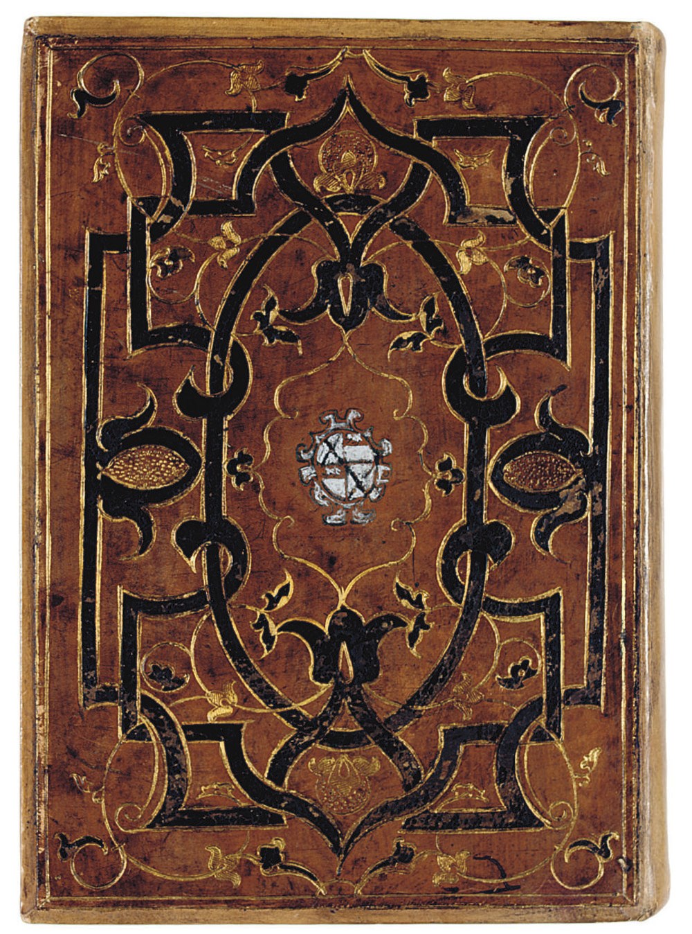 BINDING -- PETRARCA, Francesco (1304-74). Il Petrarca con l'espositione di M. Alessandro Vellutello. Venice: Nicolo Bevilacqua, 1563. 4° (207 x 145mm). Woodcut device and vignette on title, headpieces and initials. Modern calf by Sangorski and Sutcliffe, in-laid with calf panels of a binding for Thomas Wotton, tooled to a gilt and black-ribbon interlace design, Wotton arms in centre, his arms on back cover with white paint (rubbed, some interlace chipped). Provenance: THOMAS WOTTON (1521-1587) binding panels only -- [Thore Virgin -- Rolf Wistrand].