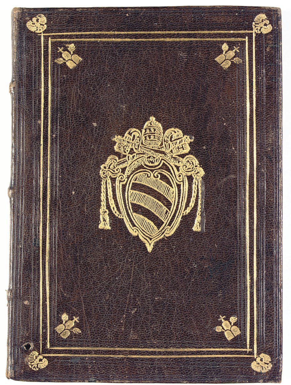 BINDING -- Pius V, Pope (1504-72). Bulla S.D.N.D. Pii divina providentia Papae V. Rome: heirs of Antonio Blado, 1568. 4° (213 x 157mm). Full page engraving of a presentation scene on title verso, woodcut arms & portrait medallion on title, woodcut initial. (Punch-hole through lower corner.) Contemporary brown morocco gilt, panelled with arms of Pope Pius V in centre of both covers and his heraldic symbols at corners, modern box (rubbed, corners lightly bumped). Provenance: Michele Ghisleri, Pope Pius V (1504-1572)-- Fabriano, Saint Catherine (early inscription) -- endorsed at end by Joannes de Avila -- Thore Virgin, 1930 (inscription) -- [Rolf Wistrand].