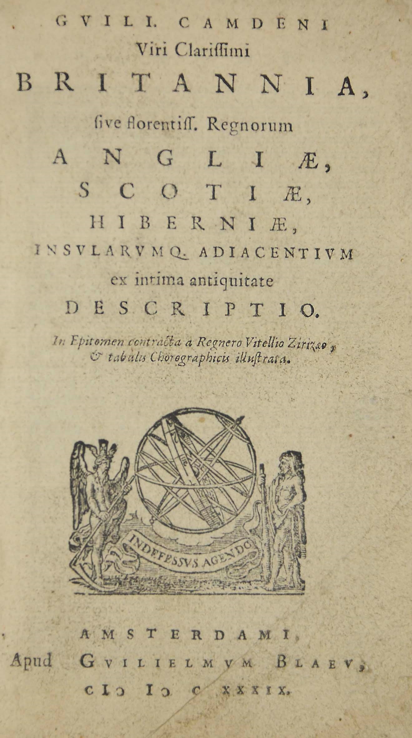CAMDEN, William (1551-1623).  Britannia sive florentiss[imorum] regnorum Angliae, Scotiae, Hiberniae... descriptio. Amsterdam: William Blaeu, 1639. 12° (130 x 72mm). 19 folding engraved maps (title lightly soiled, 2 leaves with small ink marks, lightly afftecting text, clean tear along bottom of inner gutter of one plate just touching image, one map with small burn hole in margin, lightly soiled). Contemporary vellum, manuscript title on spine, yapp edges (lightly soiled). Provenance: J.W. & D. Farrer (armorial bookplate). Chubb LV.