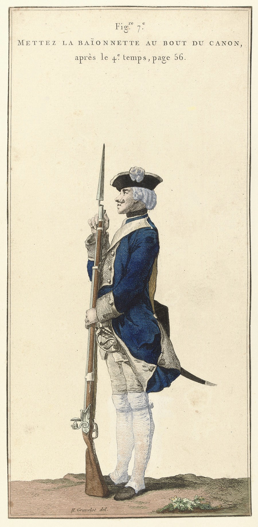 Ordonnance du Roi, pour Régler l' Exercice de l' Infanterie.  Du 1.er Janvier 1766. Paris: De l'Imprimerie Royale, 1766. 2 volumes including atlas, text vol. 2° (301 x 198mm.), atlas vol. 2° (319 x 250mm.). Title of text vol. with wood-engraved armorial, 37 double-page or folding engraved plates, all but one of battle plans, EXTRA-ILLUSTRATED with 30 fine late 18th-century hand-coloured plates of French military uniforms after H. Gravelot, all mounted, a few folding (two figures lacking from the sequence, occasional light spotting, some more general spotting and browning to text vol.). Contemporary vellum stained green (atlas vol. rebacked with green morocco, both vols. a little bowed). Provenance: monogram stamped on title and front pastedown of atlas vol.