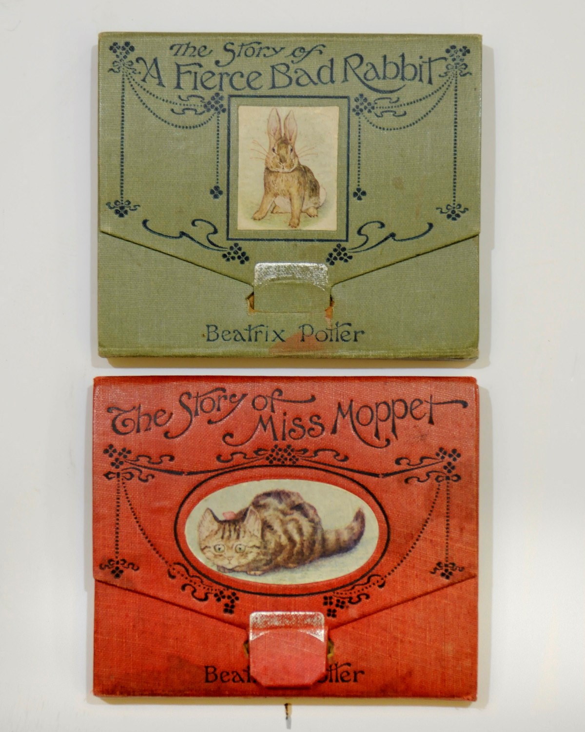 POTTER, Beatrix (1866-1943).  The Tale of Mrs. Tiggy-Winkle. London: Frederick Warne and Co., 1905. 12°. Half title, coloured frontispiece and 26 coloured plates by Beatrix Potter (frontispiece creased and partly detached, some light mainly marginal staining). Original tan cloth with coloured pictorial label on upper cover and white lettering (small stain on upper cover). Provenance: Helen Bartrum (early signature). FIRST EDITION. Linder p.425; Quinby 8.