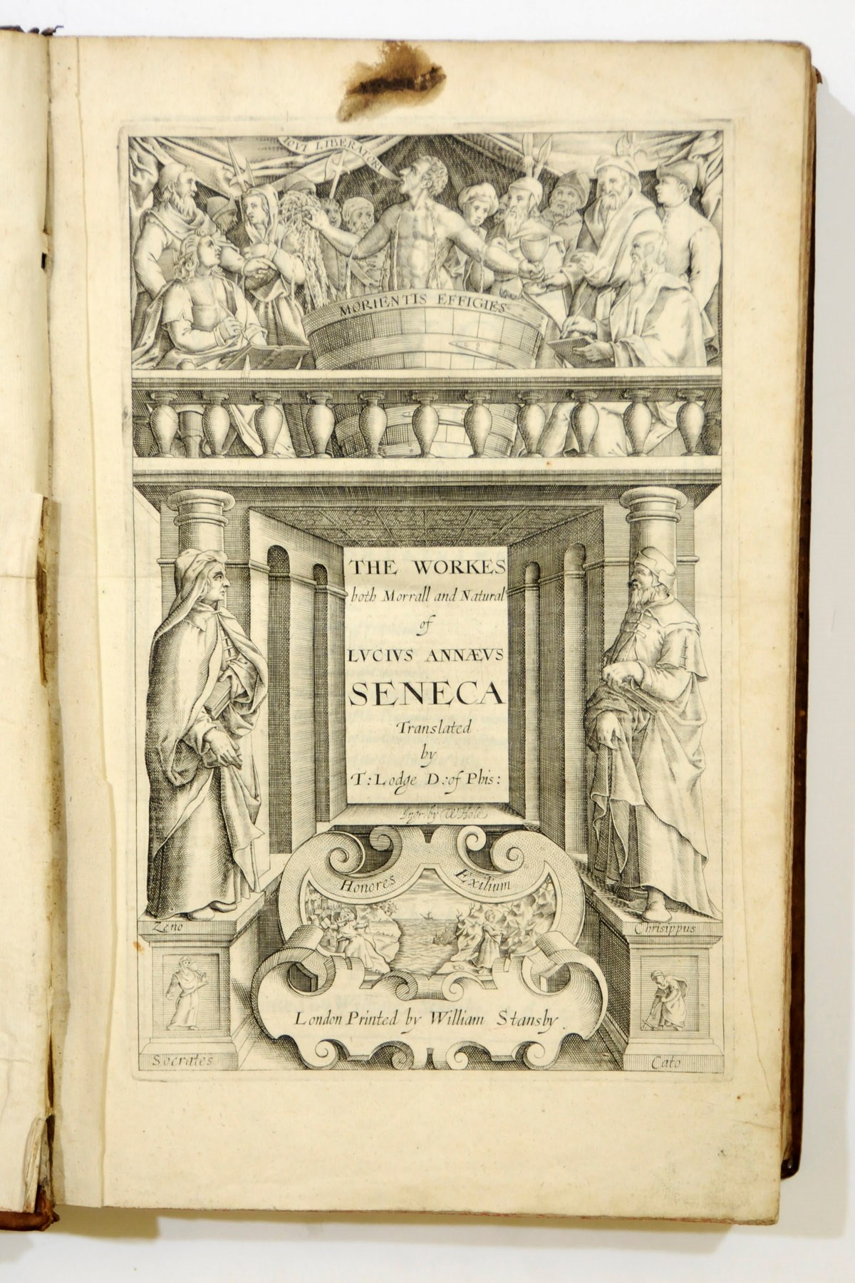 SENECA, Lucius Annaeus (?4 B.C.-65 A.D.). The Workes... Both Morrall and Naturall. Translated by Thomas Lodge. London: William Stansby, 1614. 2° (321 x 201mm). Engraved architectural title by W. Hole, printer's device on divisional titles (dated 1613) and at end, woodcut historiated and other initials, headpieces, tailpieces. (Without first and final blanks, a few tiny rust spots touching one or two letters, one neat marginal tear, o4.5 with small marginal adhesion). Contemporary calf, red morocco spine label, red speckled edges (small tears at head of spine, lightly scuffed.) Provenance: early inscription deleted -- A. Eyre (booklabel) -- Abel E. Berland (booklabel, sale, Christie's NY, 9 October 2001, lot 316).