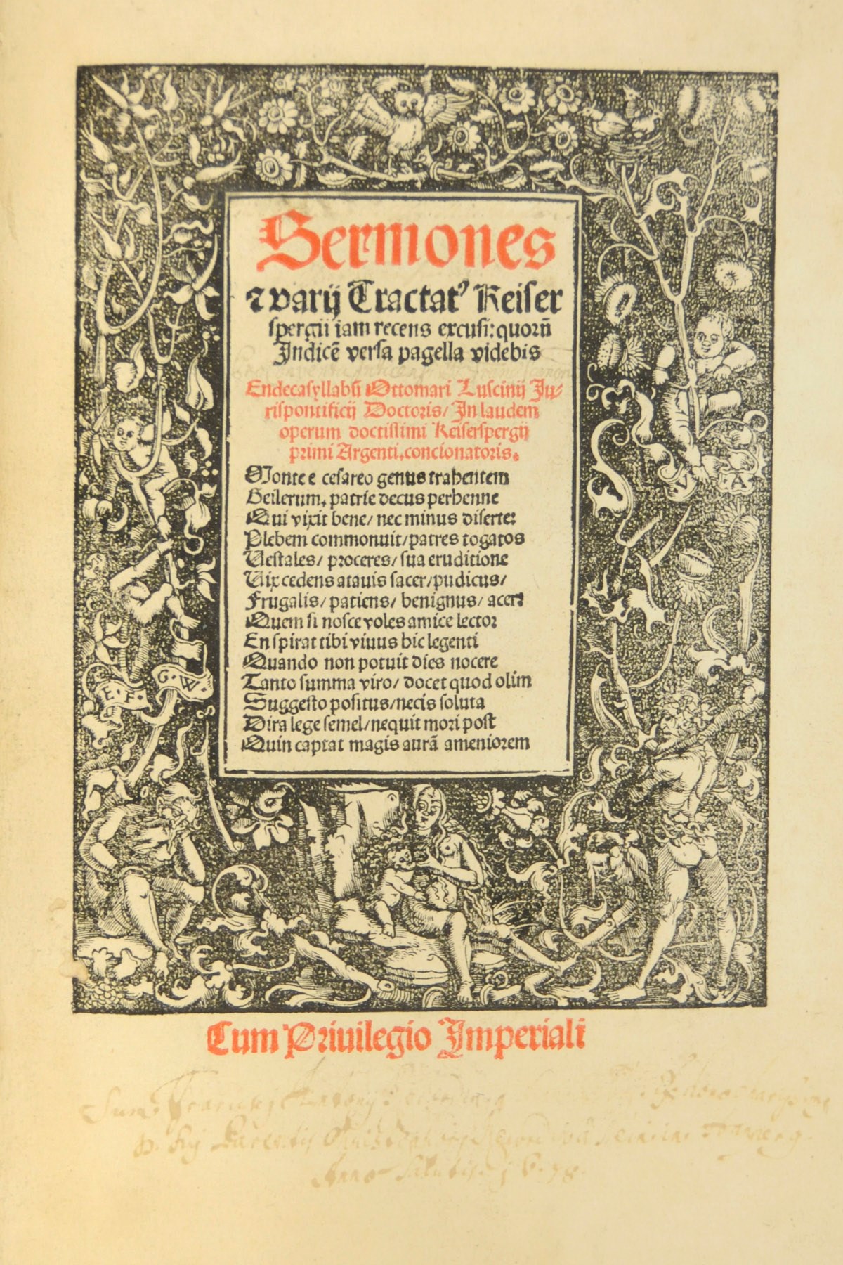 TRITHEMIUS, Johannes (1462-1516). Sermones et exhortationes ad monachos. Strassburg: Johannes Haselberger for Johannes Knobloch, 25 August 1516. Woodcut initials. VD-16 T-2007/8; not in Adams. [Bound second with:] GEILER VON KAISERSBERG, Johannes (1445-1510). Sermones et varii tractatus, edited by P. Wickgram. Strassburg: Johannes Grüninger, 31 July 1518. Woodcut title border, full-page woodcut, 3 half-page woodcuts, numerous initials. (Lacking A2.3.) Adams G-324; VD-16 G-796 -- Johannes ANDREAE. Bawm unnd Ausslegung der Sypschafft, Mogschafft, Genatterschafft. Oppenheim: Jakob Köbel, 1515. Woodcut border on title-page, 9 large woodcut trees of consanguinity. Benzing, Köbel, 34; VD-16 J-336 -- Johannes LINDHOLZ. Consanguinitatis, Affinatis, Cognationes spiritualis et legalis. Strassburg: Johann Schott, 1516. Large woodcut printer's device on title, one armorial woodcut, numerous diagrams and initials. VD-16 L-1916.