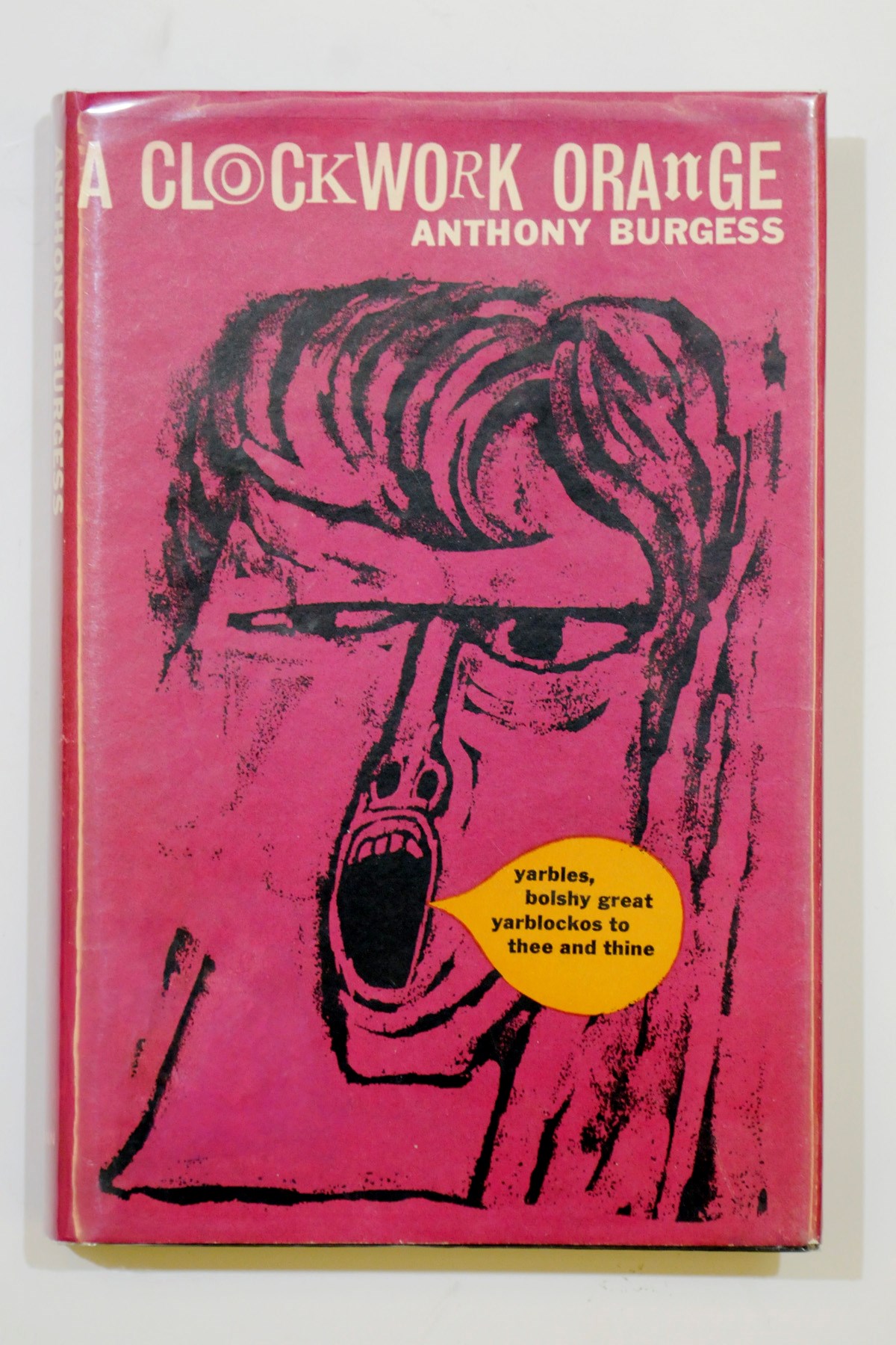 BURGESS, Anthony (1917-93).  A Clockwork Orange. London, Melbourne, Toronto: Heinemann, 1962. 8° (197 x 130mm). (Contents leaf and following 3 leaves with a brown stain, mainly affecting margins, another in margin of pp.109-111, fore-edges lightly spotted). Original black cloth, spine lettered in gilt (spine a little bumped, lightly rubbed, small remnants of label on rear pastedown), dust-jacket (unobtrusive small stain on rear cover). FIRST EDITION.