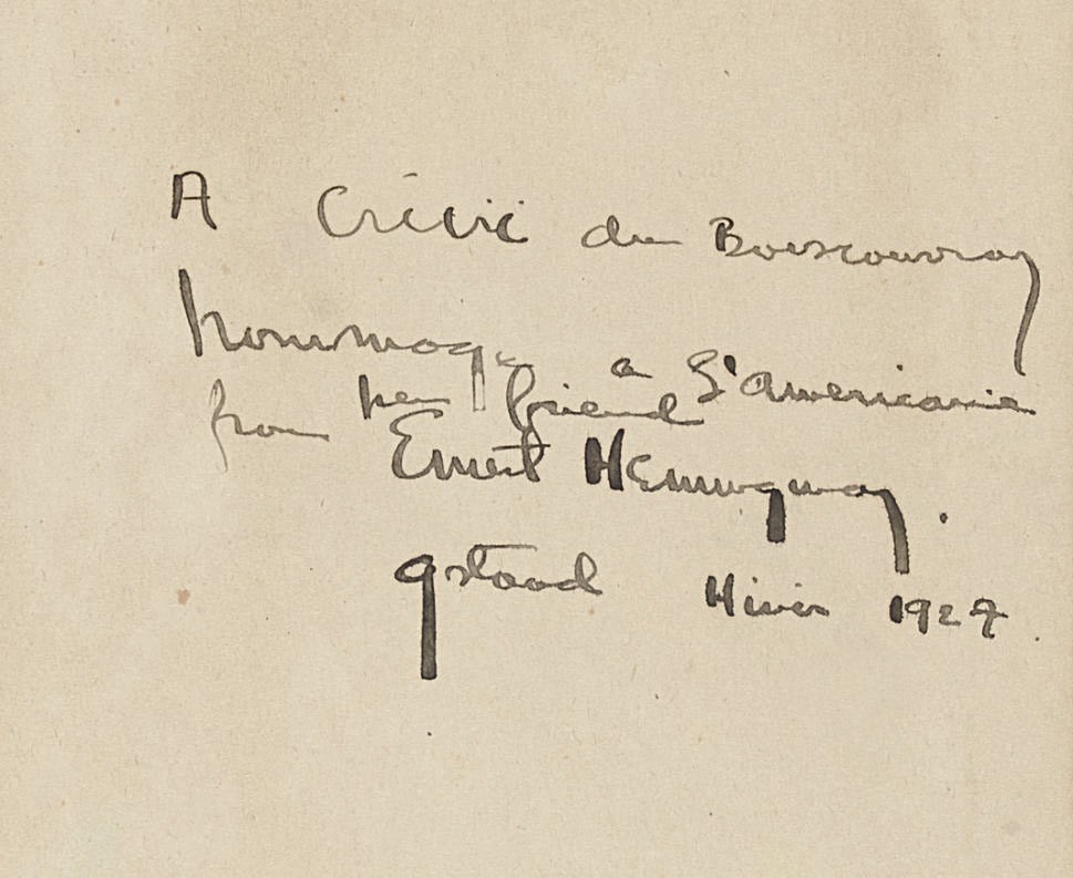 HEMINGWAY, Ernest (1899-1961). The Sun Also Rises. New York: Scribner's 1926. 8° (192 x 130mm). Original black cloth, printed paper labels, fore-edges uncut, without the very rare dust-jacket (the spine label slightly darkened and with light wear, edges lightly browned). Provenance: Christine du Boisrouvray (inscription from the author).