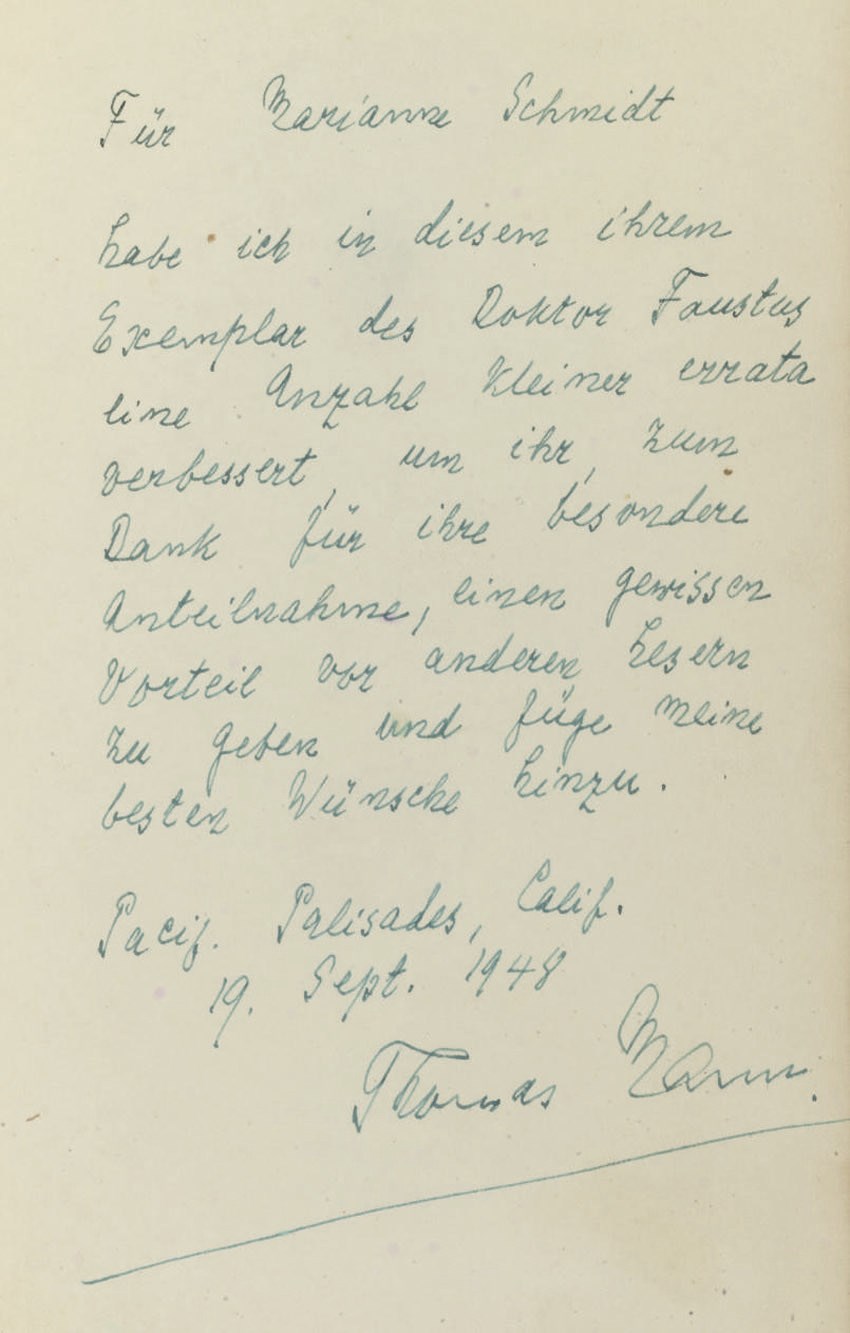 MANN, Thomas (1875-1955).  Doktor Faustus. Das Leben des deutschen Tonsetzers Adrian Leverkühn, erzählt von einem Freunde. Stockholm: Bermann-Fischer Verlag, 1947. 8° (190 x 116mm). Half title, title with very light smear in lower margin, stain affecting a few lines on pp.316-321 and 743-745 and margin of p.650-655, occasional light spotting or light browning, lower margin of pp a little creased).  Original brown cloth gilt (without dust-jacket, head of spine a little bumped, small whole in lower cover). Provenance: Marianne Schmidt (ownership inscription on front blank, dated Zürich, 14 November 1947) by descent; a few leaves with underlining in pink and occasional annotation.