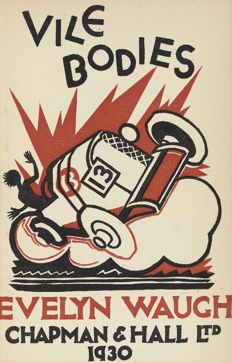 WAUGH, Evelyn (1903-66).  Vile Bodies. London: Chapman & Hall, 1930. 8° (187 x 129mm). Half title, title in red and black (very light marginal browning). Original cloth, lettered in gilt (head and tail of spine a little bumped), dust-jacket (head and tail of spine torn away, spine repaired on verso, upper extremities of dust-jacket a little creased). FIRST EDITION of Waugh's second novel.