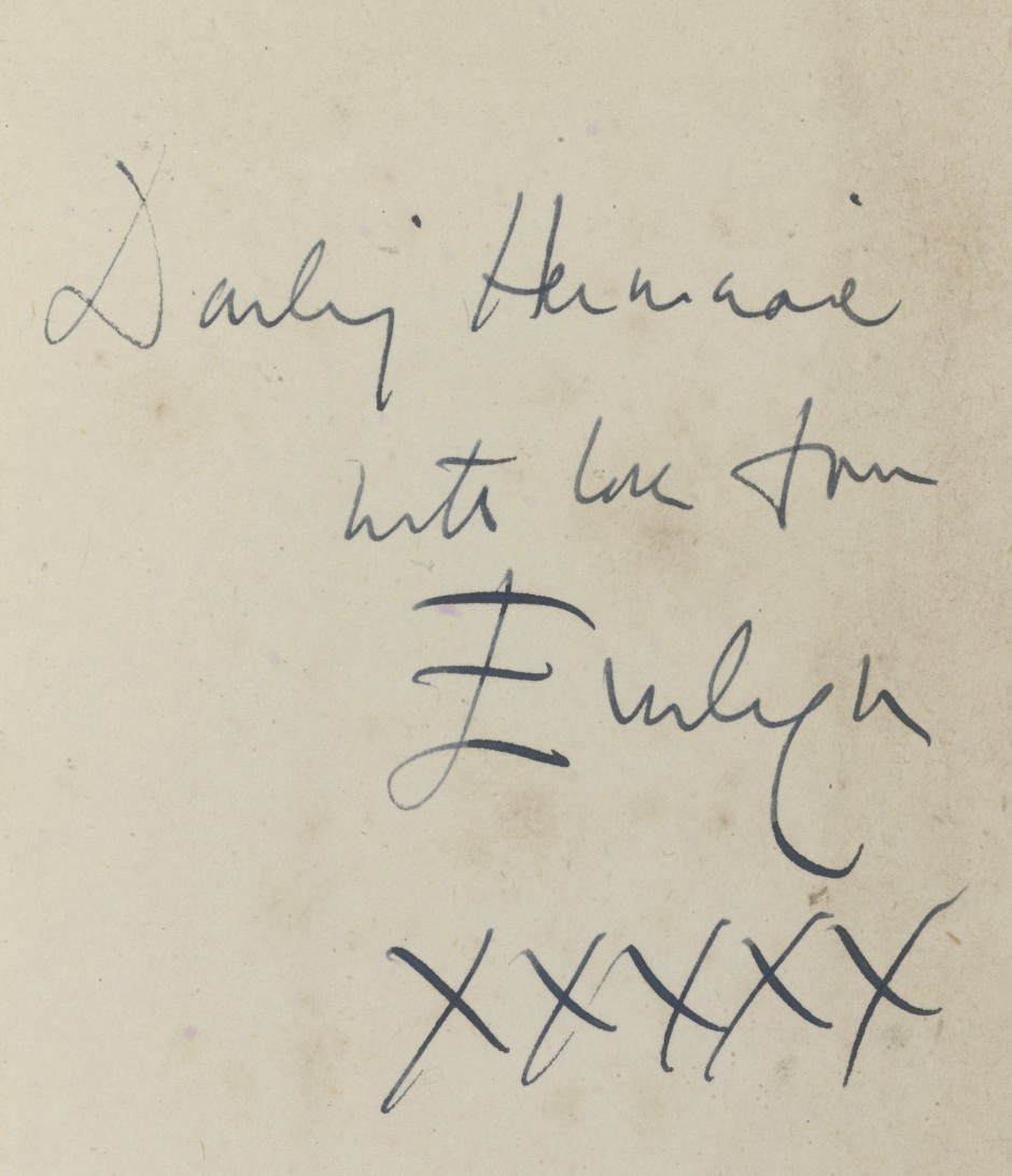 WAUGH, Evelyn (1903-66).  Brideshead Revisited.  The Sacred and Profane Memories of Captain Charles Ryder. London: Chapman & Hall, 1945. 8°. Half title (a few leaves torn without loss at upper margin). Original pink cloth, spine lettered in gilt (without the dust-jacket, spine faded, ink stain at head of spine). FIRST EDITION, PRESENTATION COPY, the front free endpaper inscribed, "Darling Hermione [Countess of Ranfurly], with love from Evelyn XXXXX."