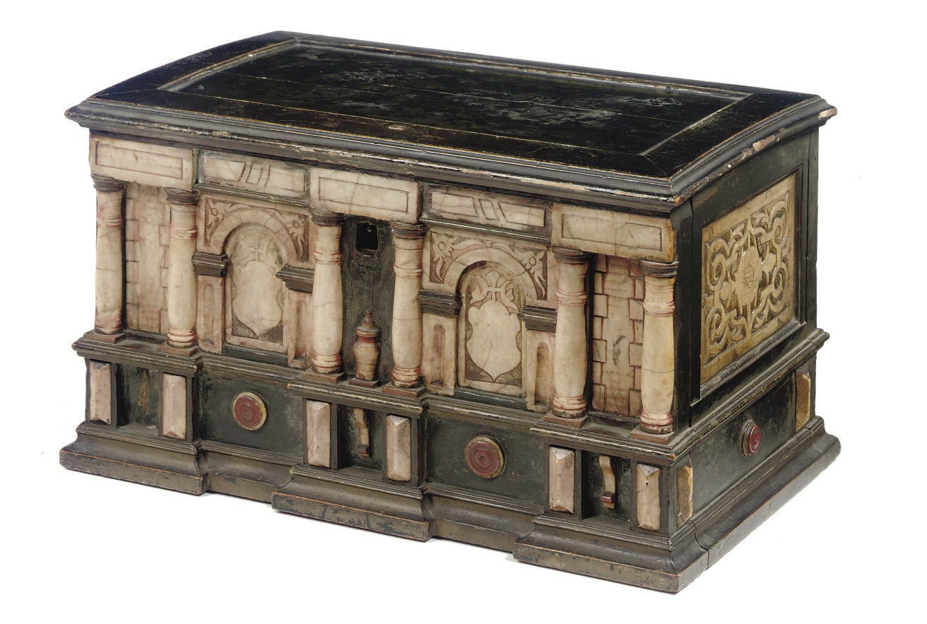 A MALINES EBONIZED WOOD AND ALABASTER TABLE CASKET