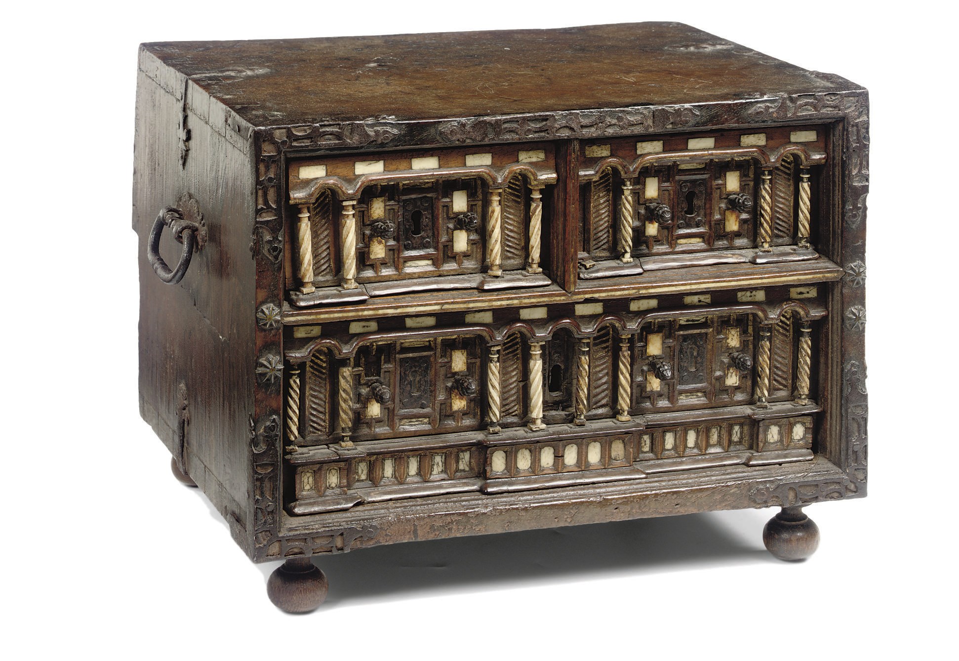 A SPANISH IRON-MOUNTED PARCEL-GILT, WALNUT AND BONE TABLE CABINET