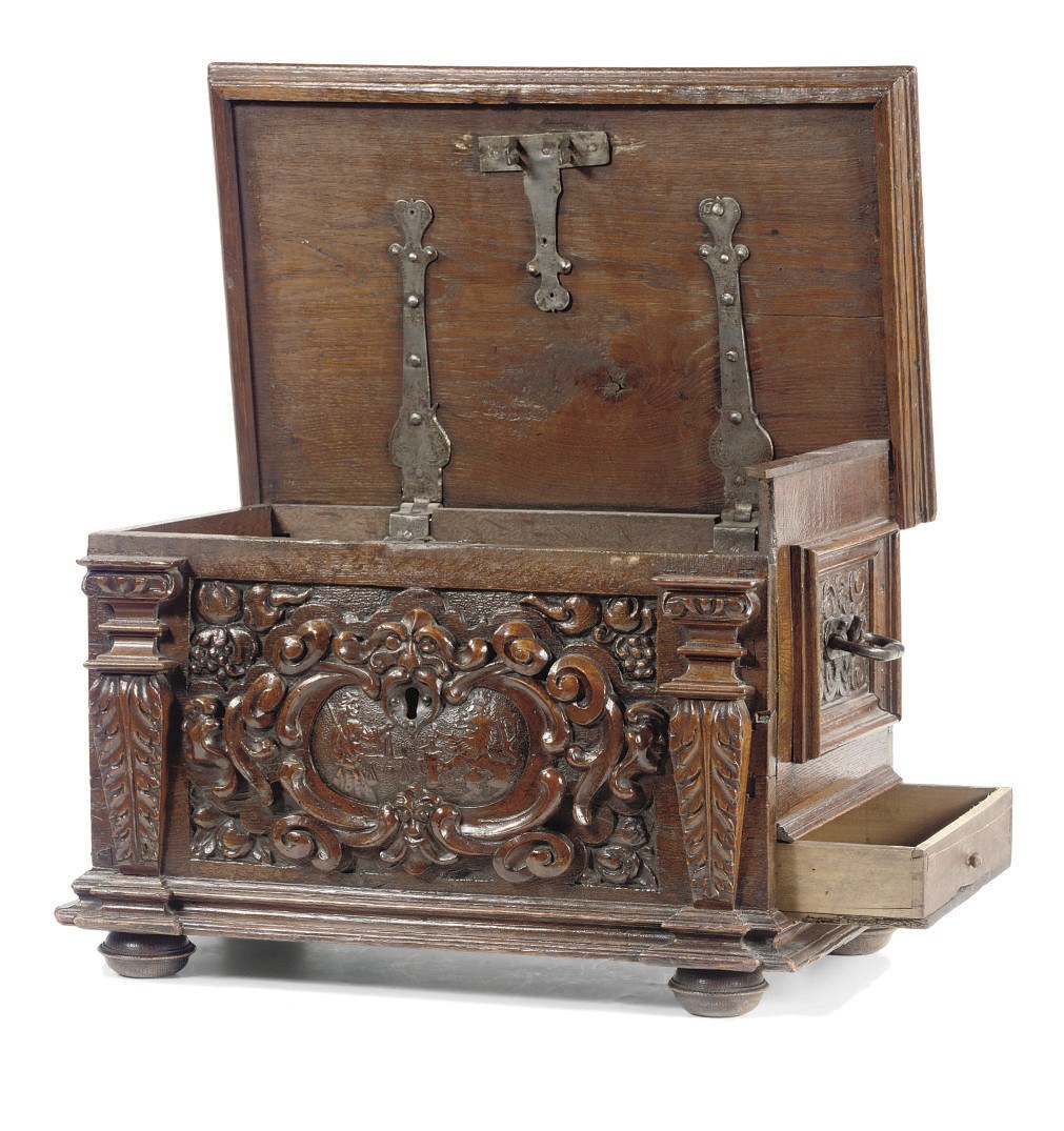 A GERMAN OAK AND STAINED FRUITWOOD CHEST