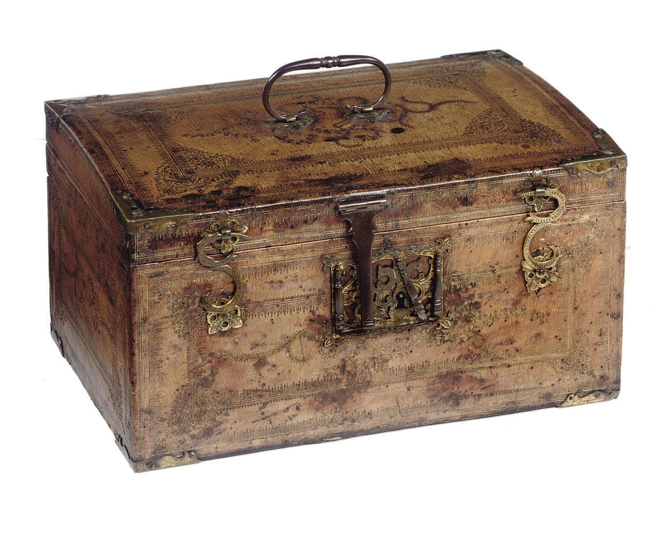 A LOUIS XIV GILT-BRASS MOUNTED GILT-TOOLED LEATHER CASKET