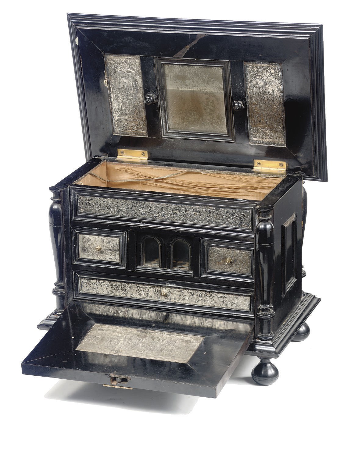 A FLEMISH EBONY AND SILVER TABLE CABINET