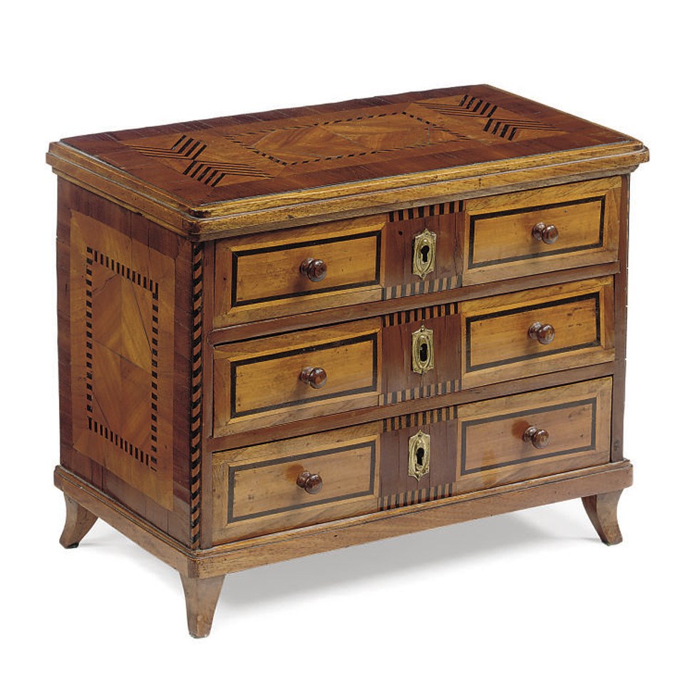A SOUTH WEST GERMAN WALNUT, EBONIZED AND FRUITWOOD MARQUETRY MINIATURE COMMODE