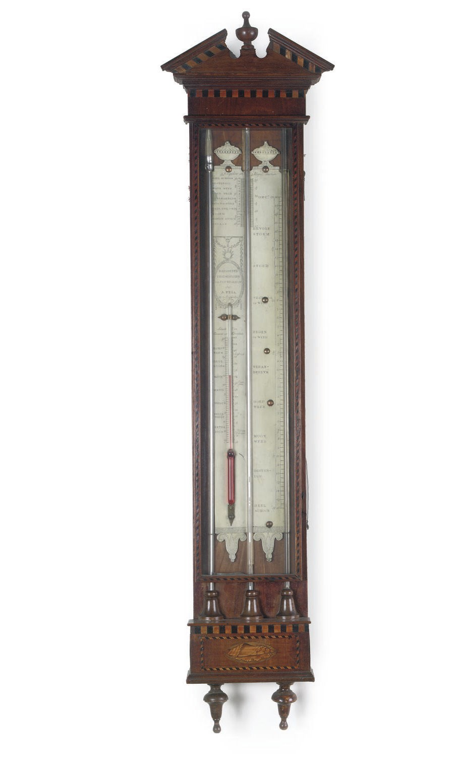 A DUTCH MAHOGANY AND INLAID CISTERN BAROMETER