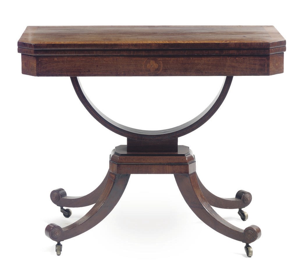 A REGENCY MAHOGANY, SATINWOOD AND TULIPWOOD GAMES TABLE