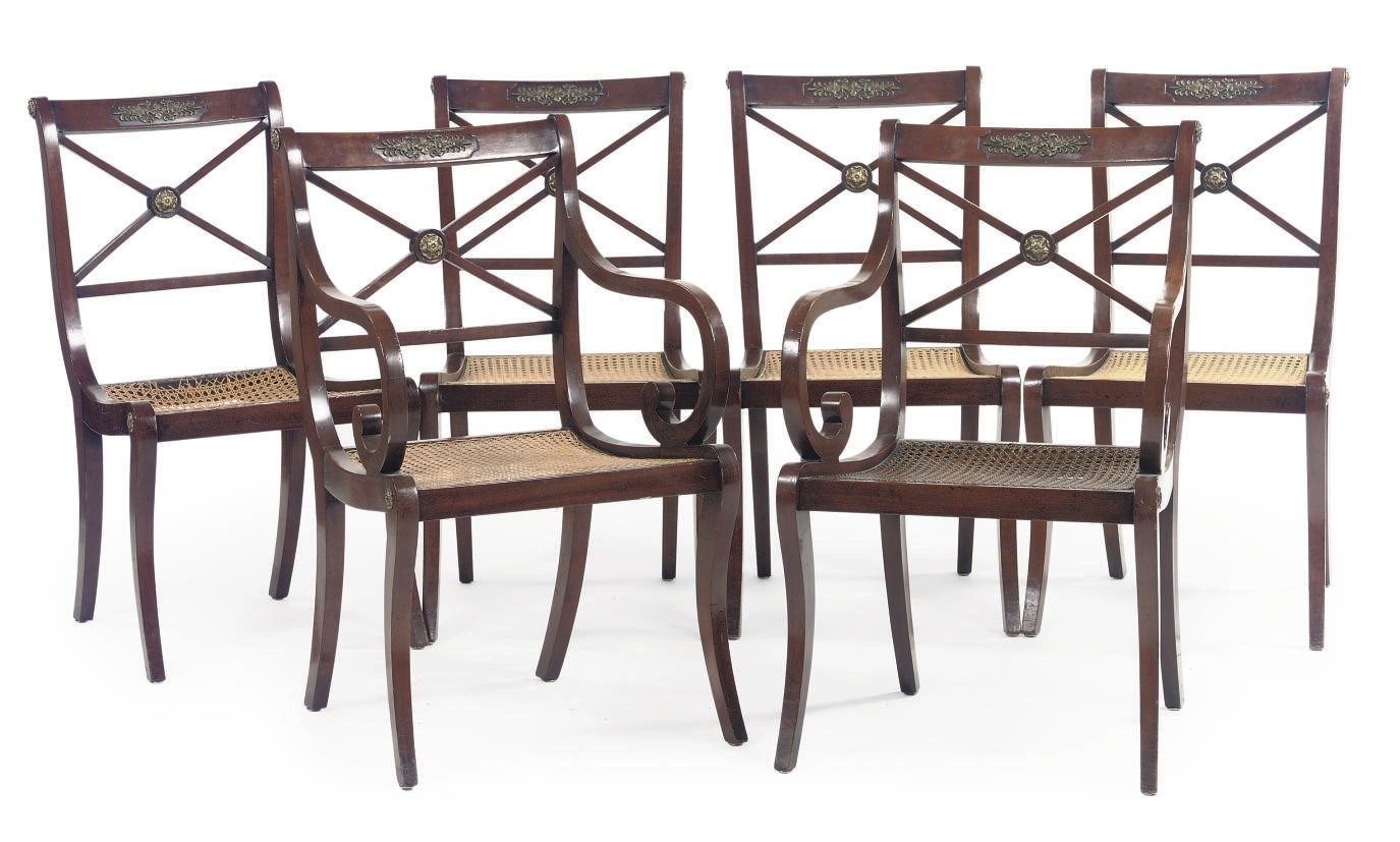 A SET OF SIX ENGLISH ORMOLU-MOUNTED MAHOGANY DINING CHAIRS