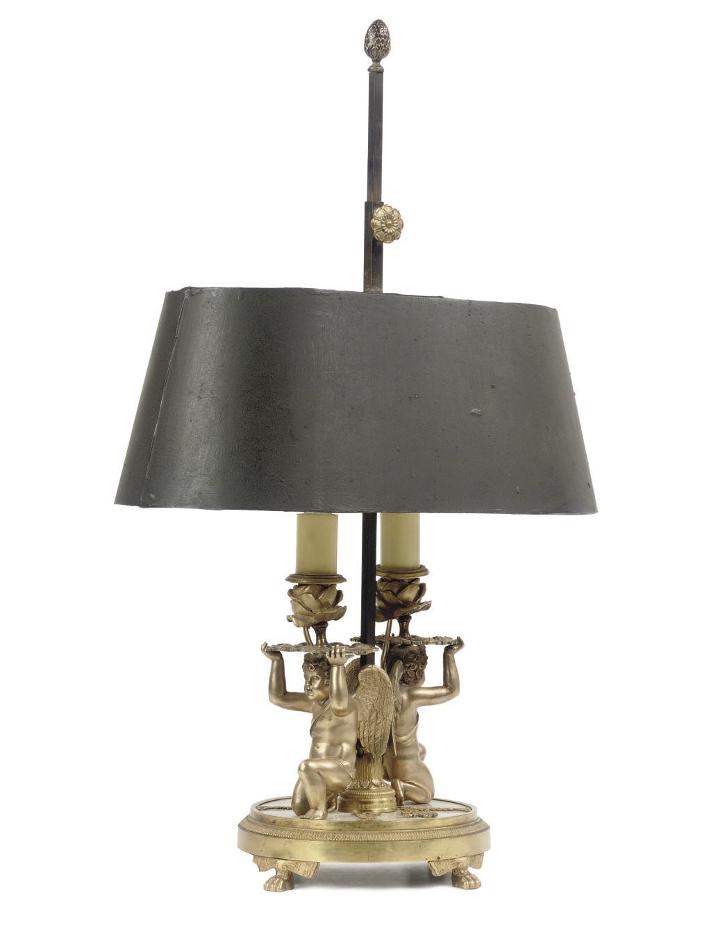 A FRENCH ORMOLU, MOTHER OF PEARL AND TOLE PEINTE LAMPE BOUILLOTTE