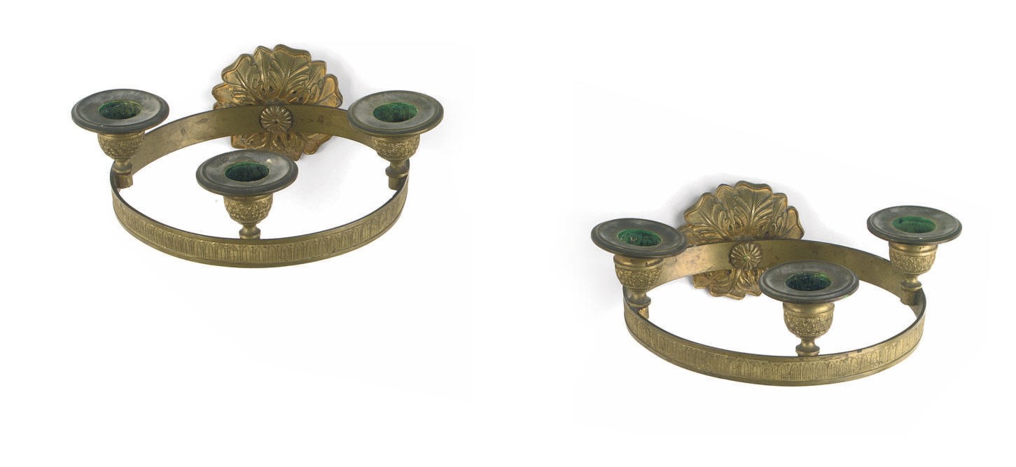 A PAIR OF FRENCH ORMOLU THREE-LIGHT WALL APPLIQUES