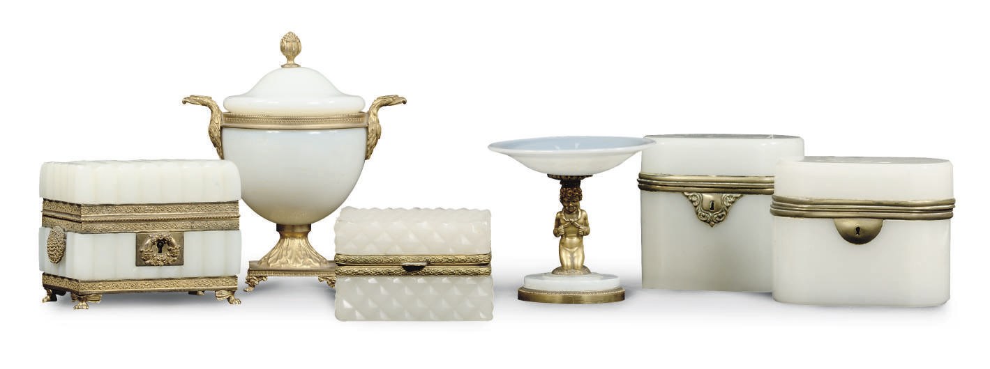 AN EMPIRE ORMOLU AND WHITE OPALINE GLASS TAZZA