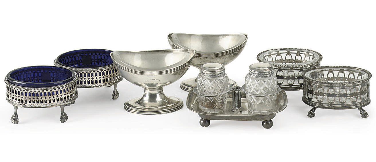 Three pairs of silver salt cellars and an inkstand