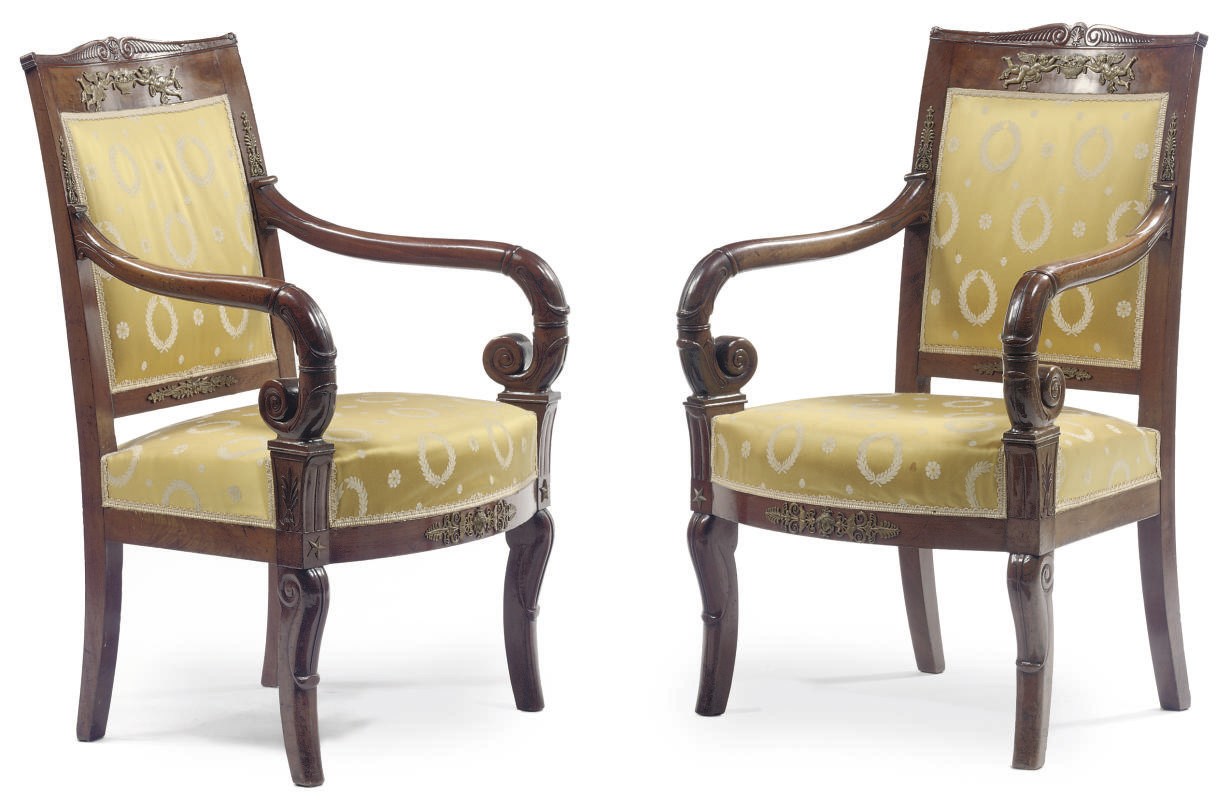 A PAIR OF RESTAURATION ORMOLU-MOUNTED MAHOGANY FAUTEUILS