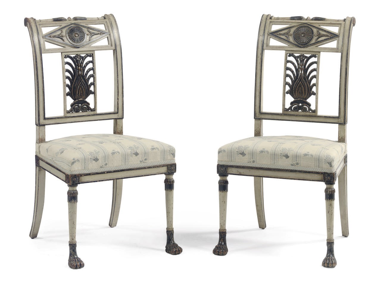 A PAIR OF NORTH EUROPEAN WHITE AND BLUE DECORATED SIDE CHAIRS