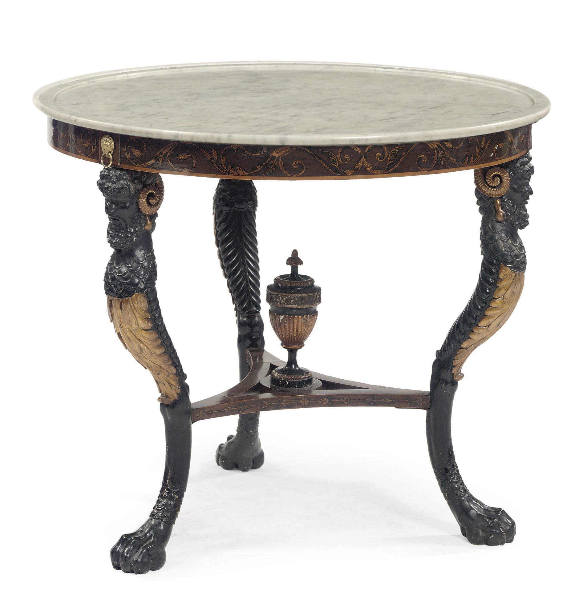 AN AUSTRIAN ORMOLU-MOUNTED, PARCEL-GILT, EBONIZED, AND PEN-ENGRAVED STAINED FRUITWOOD MARQUETRY CENTRE TABLE