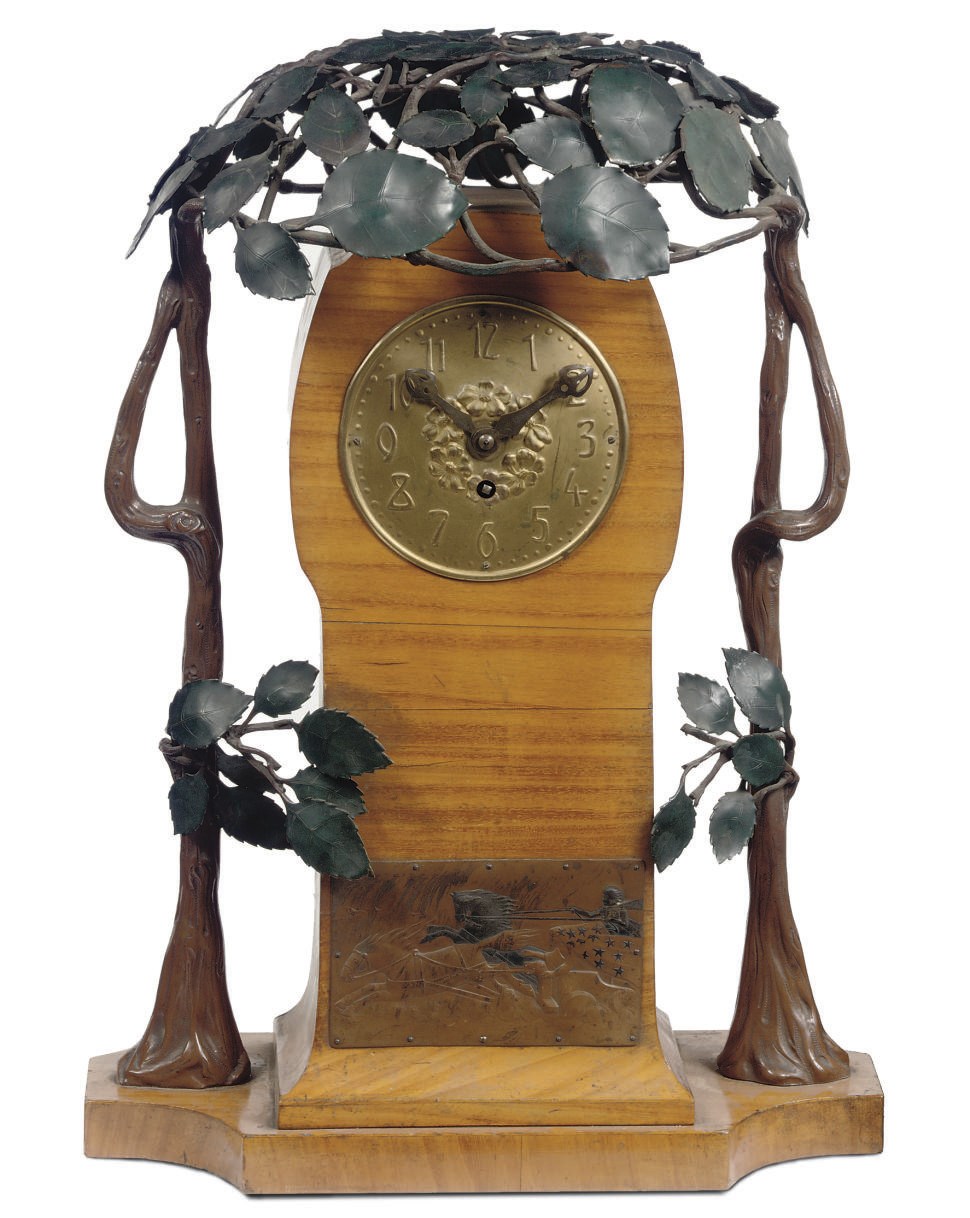 AN AUSTRIAN JUGENDSTIL CHERRYWOOD AND COLD-PAINTED BRONZE MANTEL TIMEPIECE