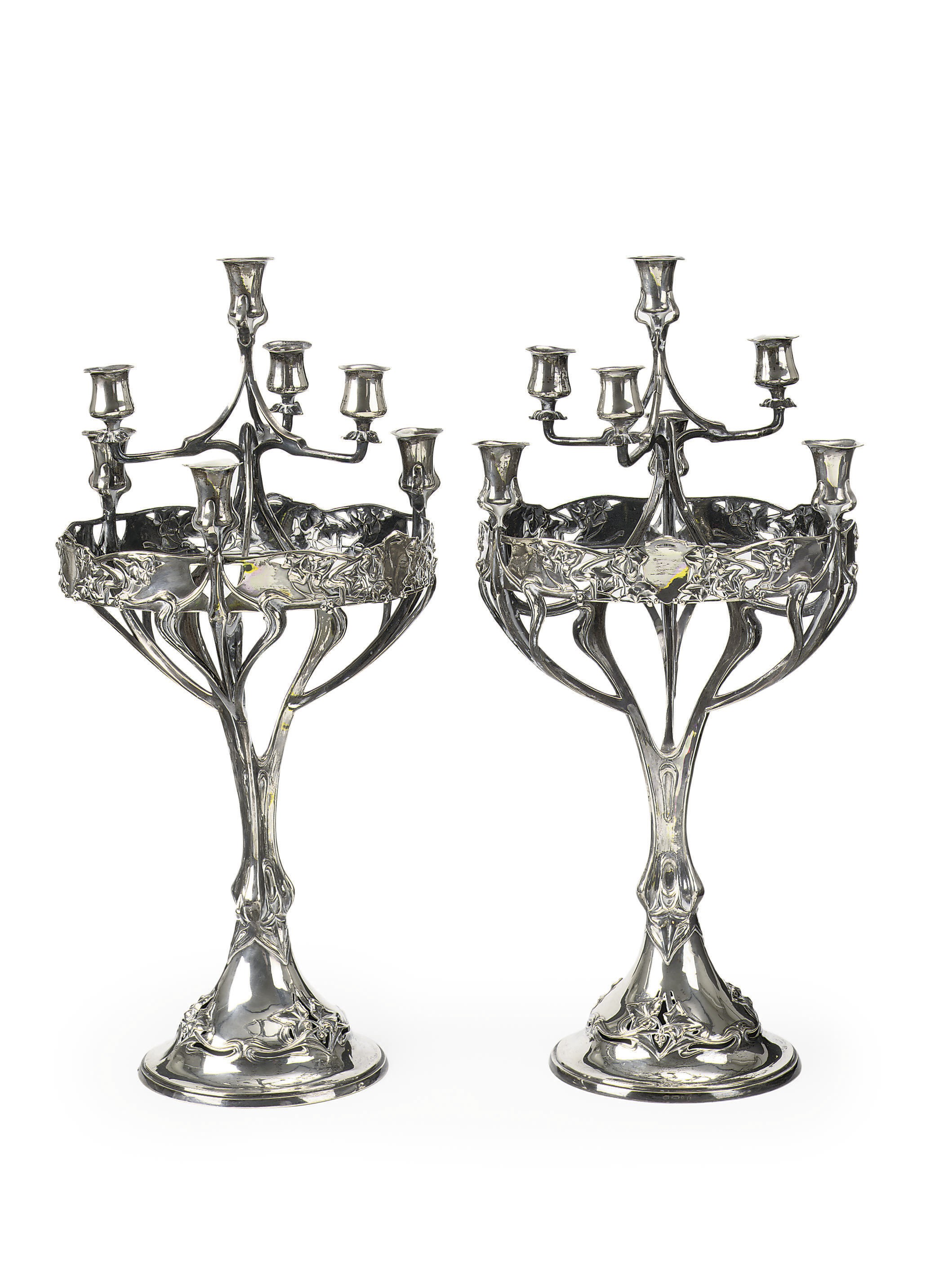A pair of silver seven-light Jugendstil-style candelabra