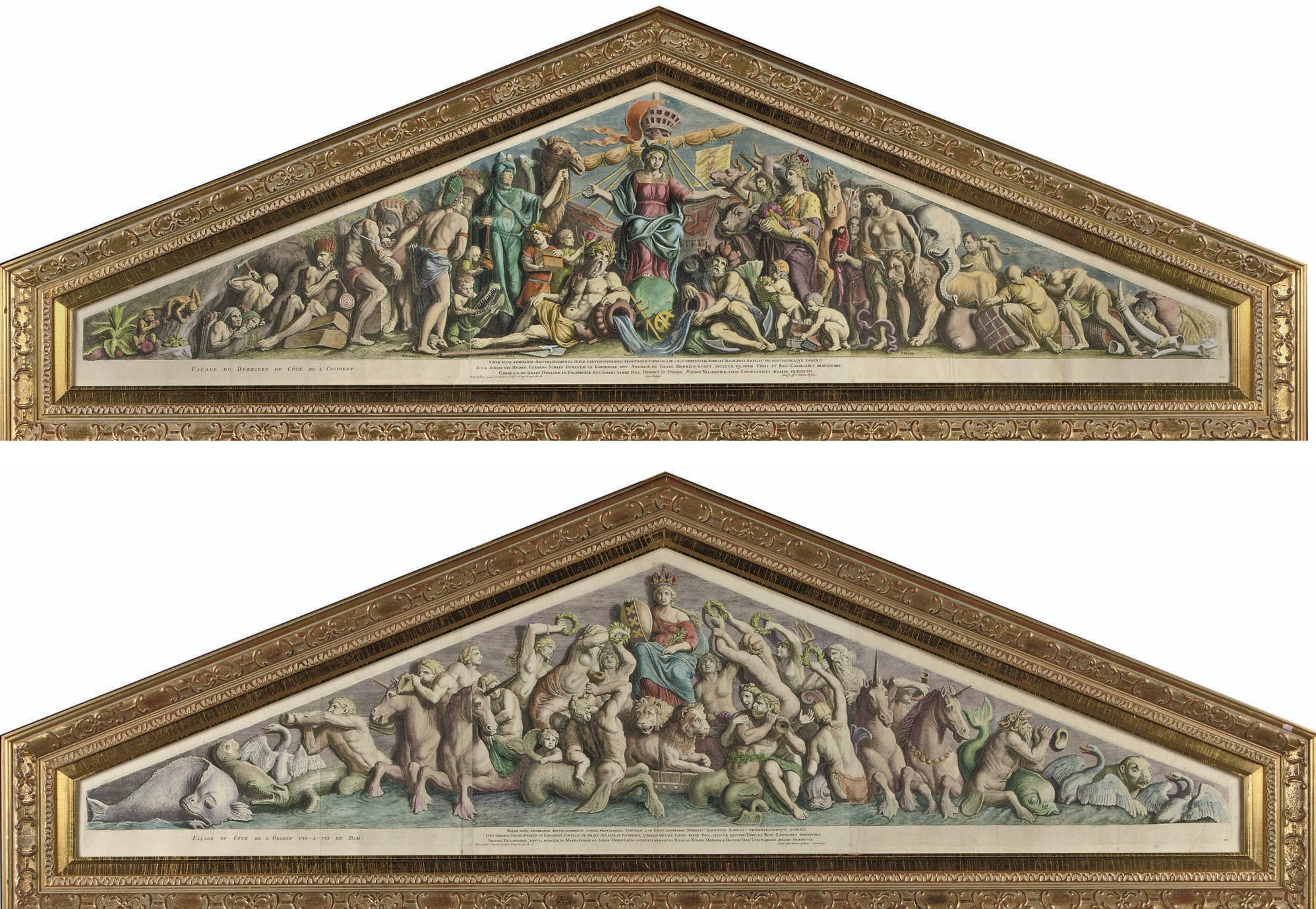 A PAIR OF DUTCH HANDCOLOURED COPPER ENGRAVINGS DEPICTING THE PEDIMENTS OF THE ROYAL PALACE ON THE DAM SQUARE IN AMSTERDAM