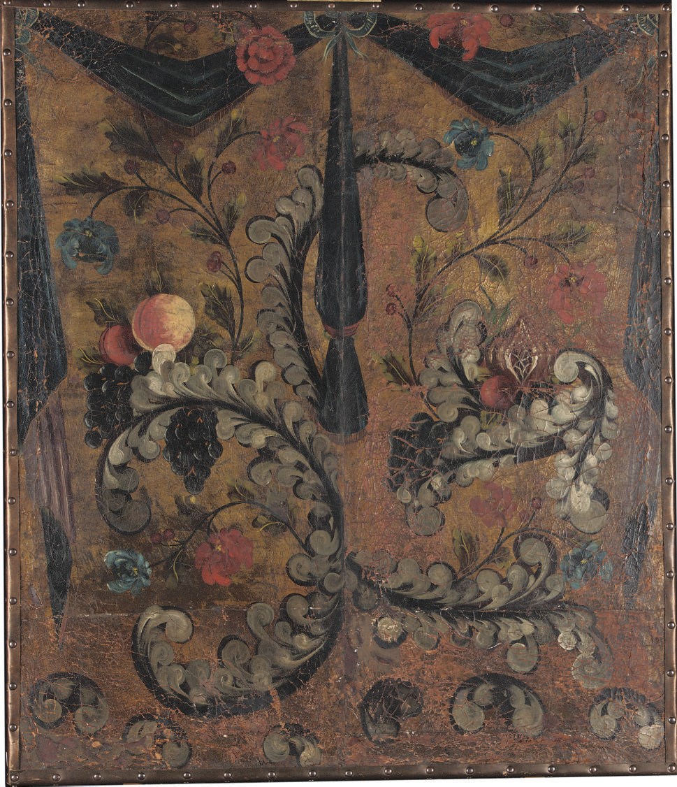 A DUTCH POLYCHROME DECORATED GILT-EMBOSSED LEATHER PANEL