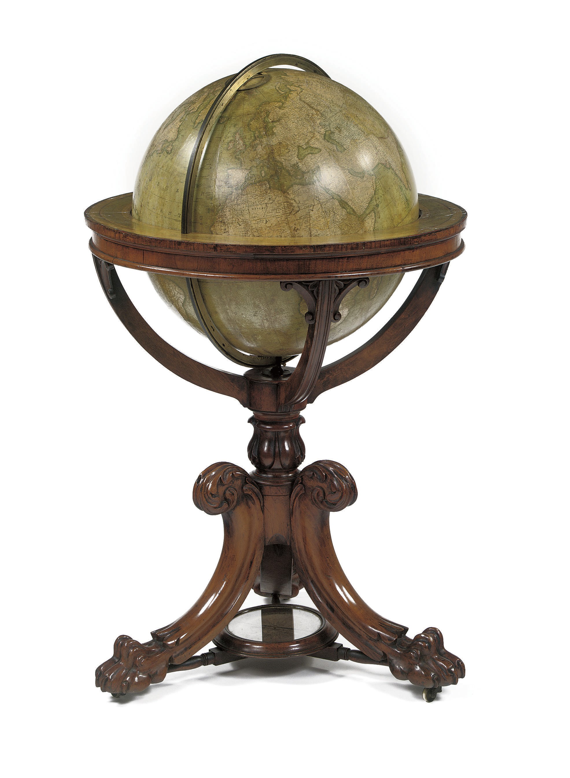 A VICTORIAN 20-INCH LIBRARY GLOBE ON MAHOGANY STAND WITH CLAW FEET
