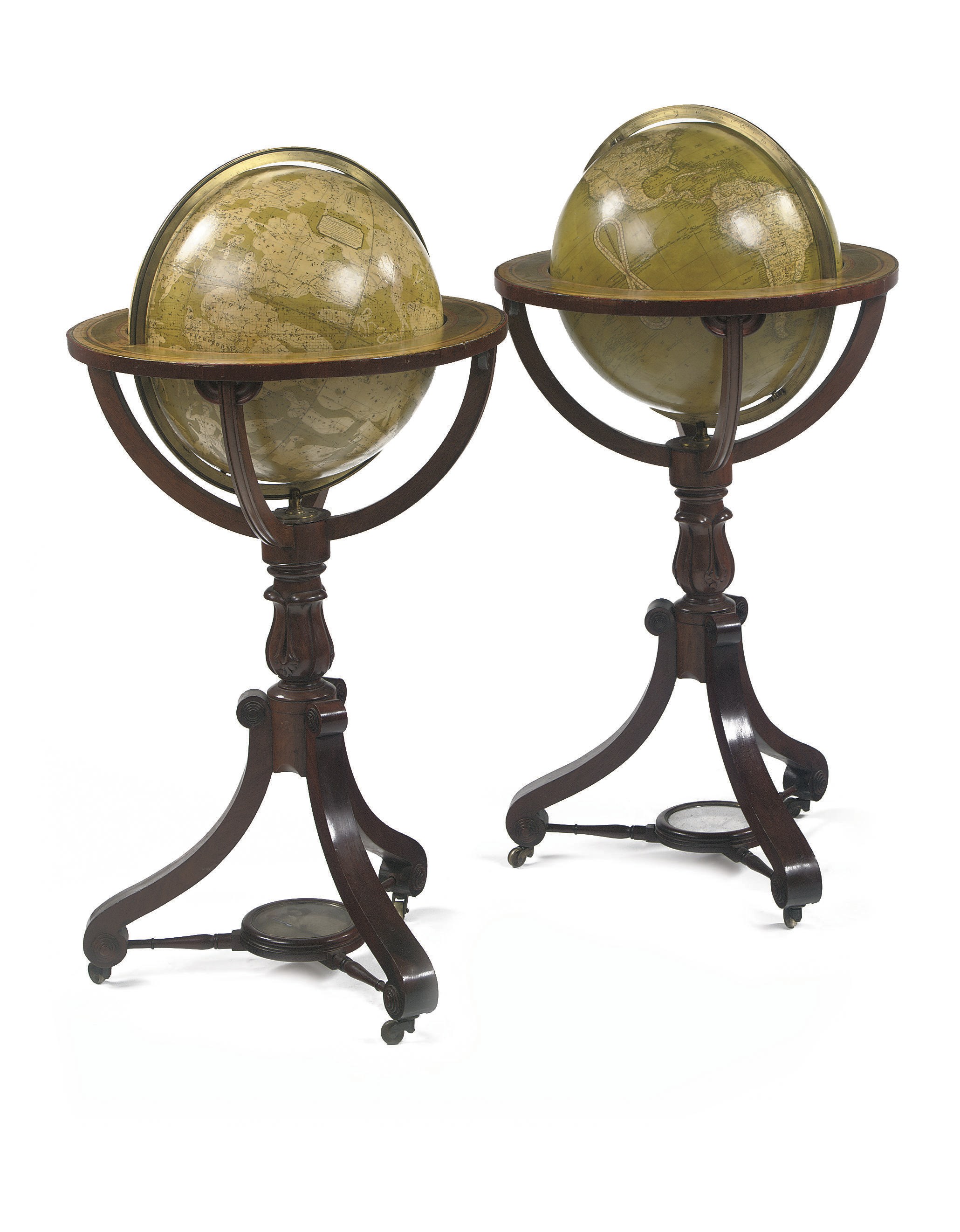 A PAIR OF VICTORIAN 15-INCH LIBRARY GLOBES