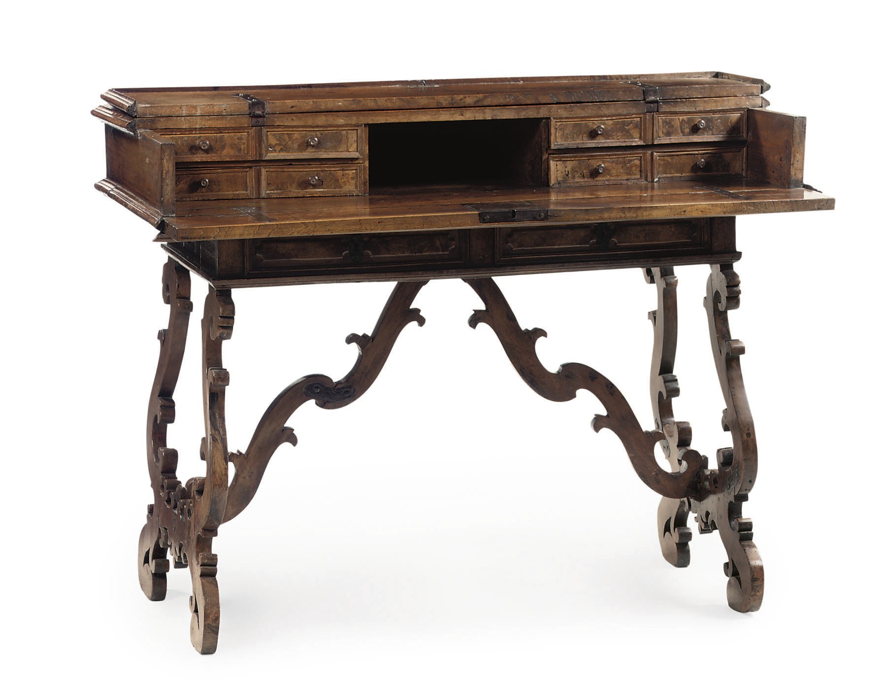 A SPANISH WALNUT AND FIGURED WALNUT WRITING TABLE