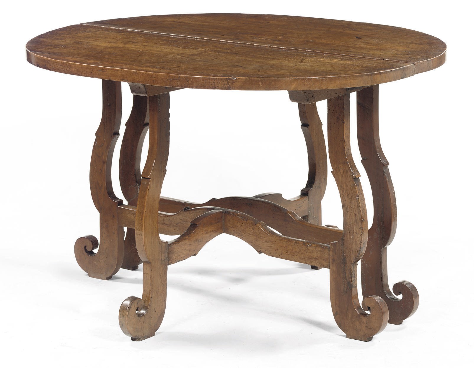 A PAIR OF ITALIAN WALNUT DEMI-LUNE SIDE TABLES