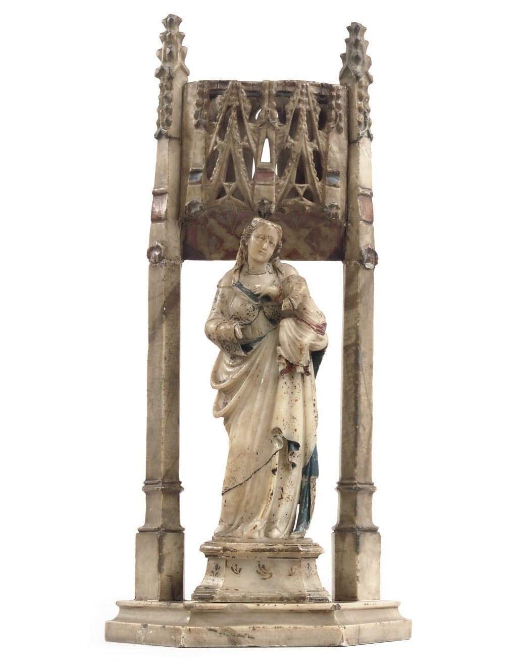 A POLYCHROME DECORATED CARVED ALABASTER GROUP OF THE VIRGIN AND CHILD