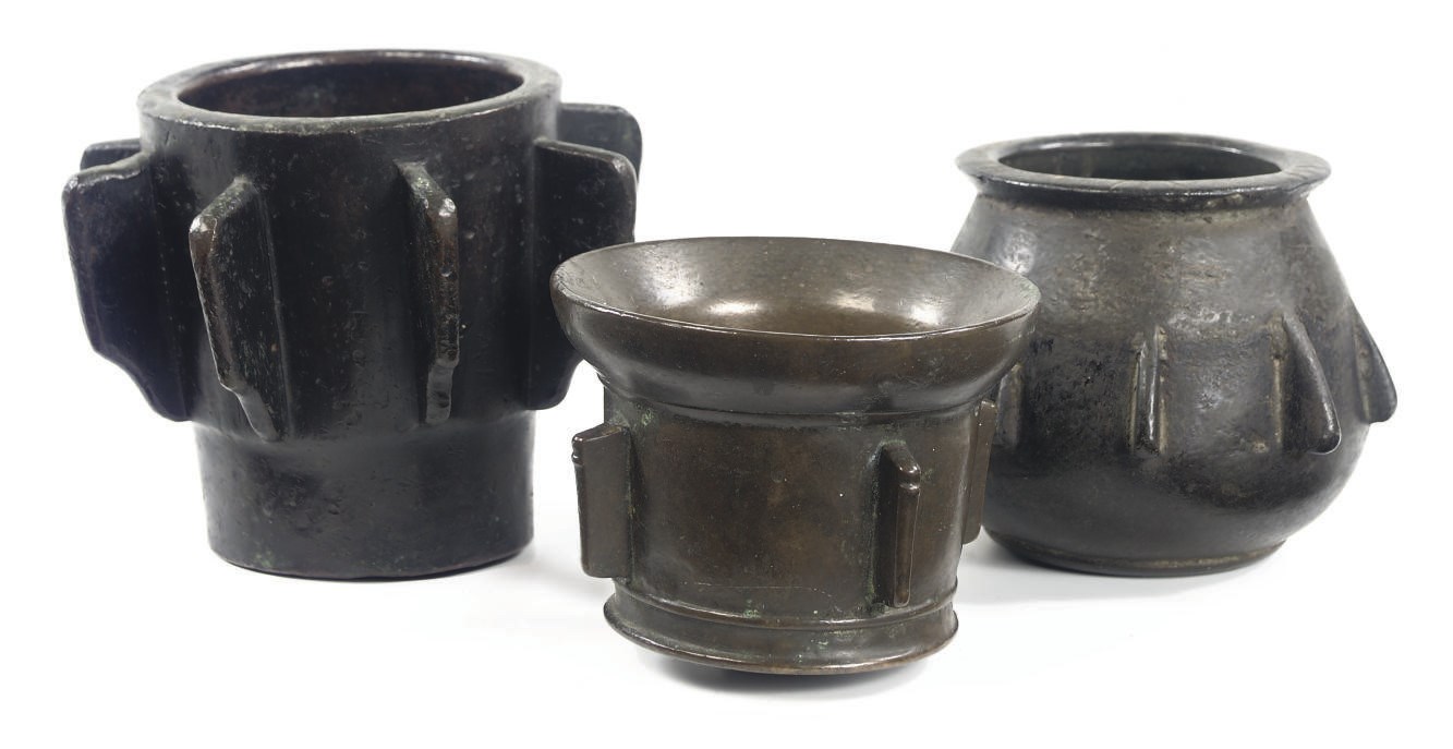 THREE SPANISH BRASS MORTARS