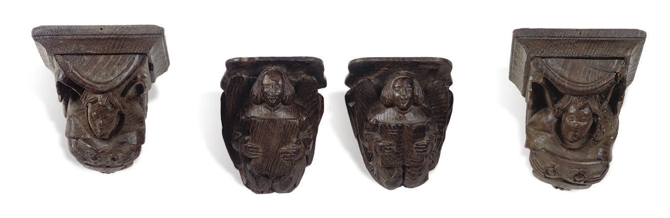 TWO PAIRS OF CARVED OAK WALL BRACKETS